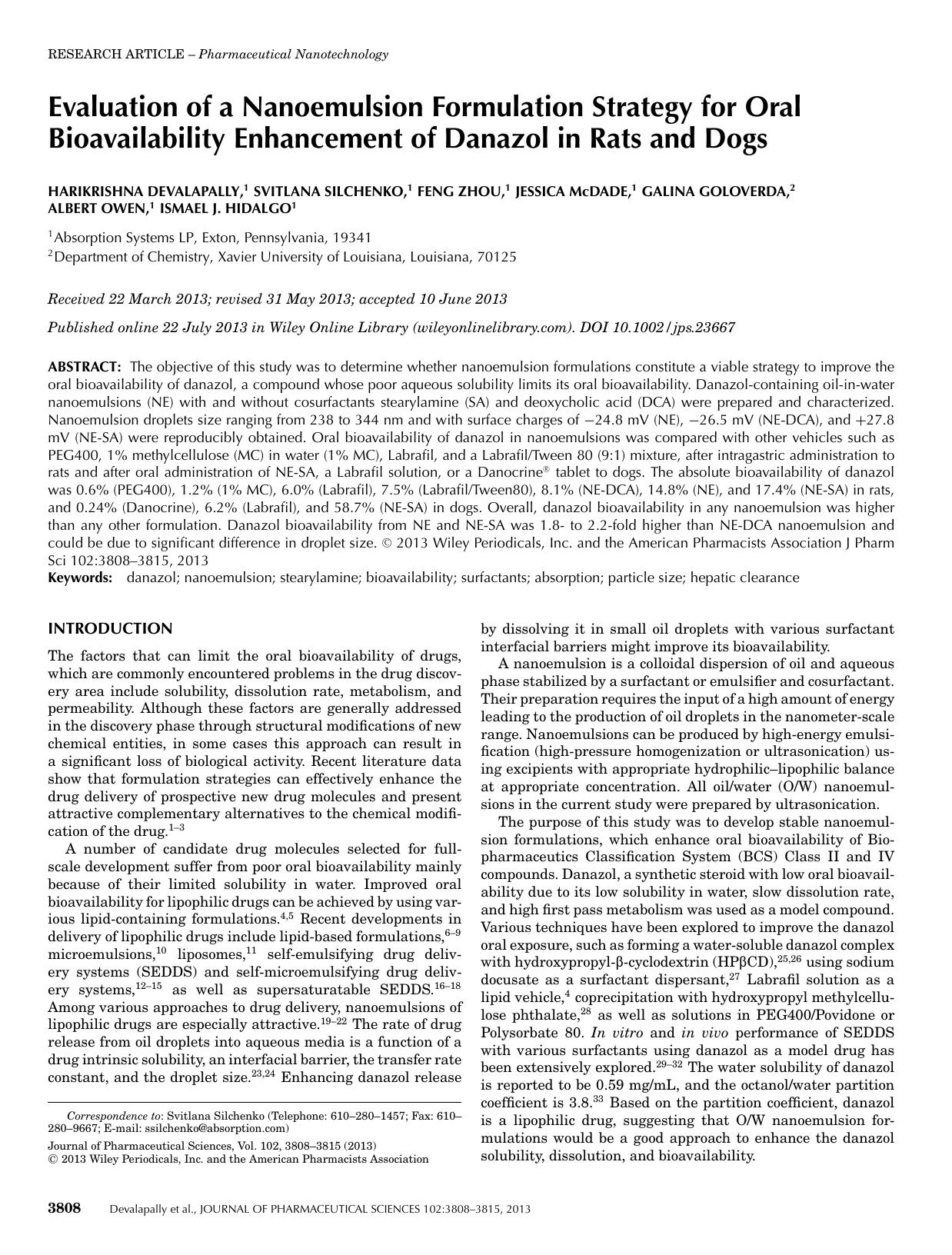 Evaluation of a Nanoemulsion Formulation Strategy for Oral Bioavailability Enhancement of Danazol in Rats and Dogs by Unknown