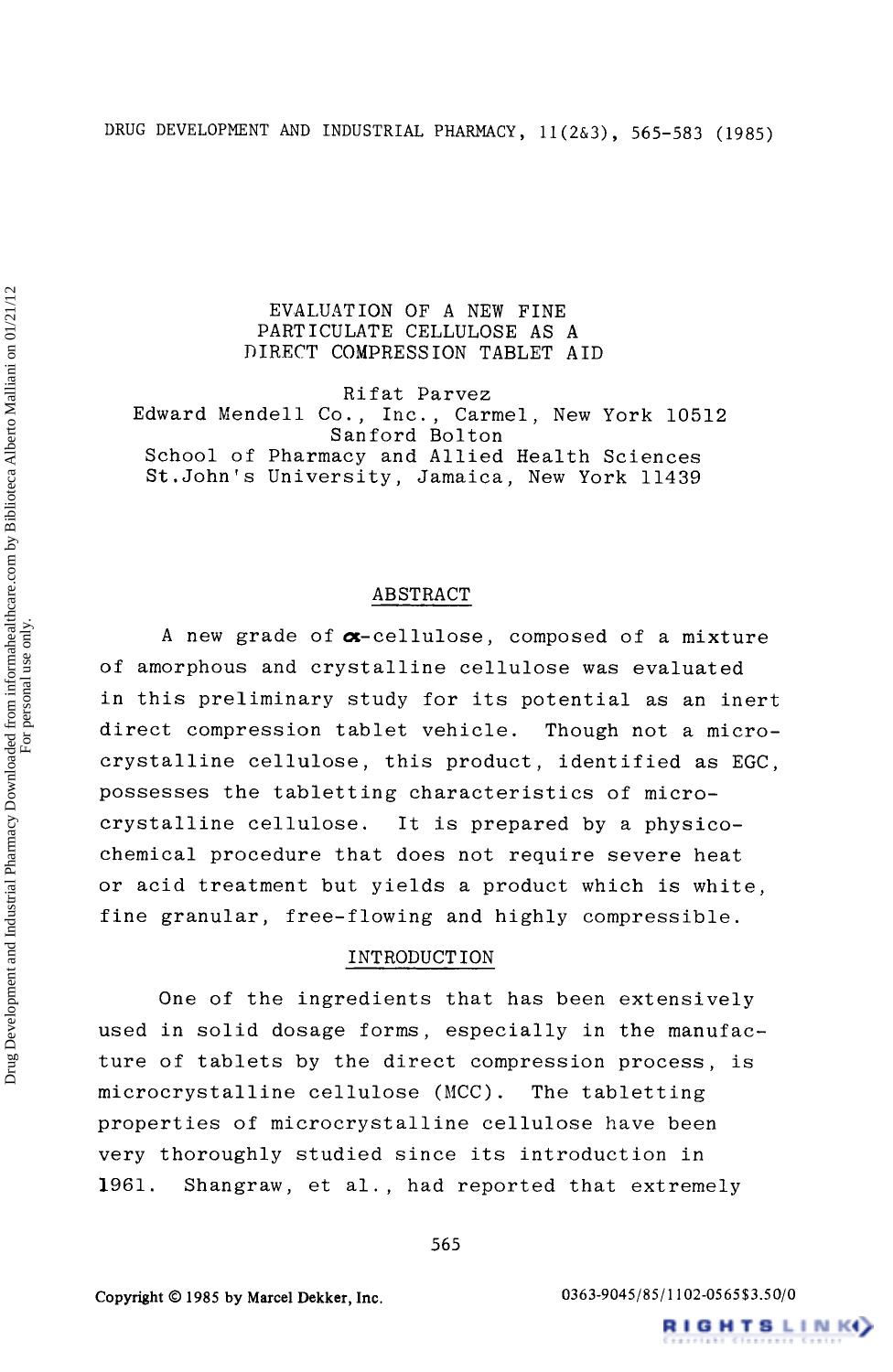 Evaluation of a New Fine Particulate Cellulose as a Direct Compression Tablet Aid by Rifat Parvez