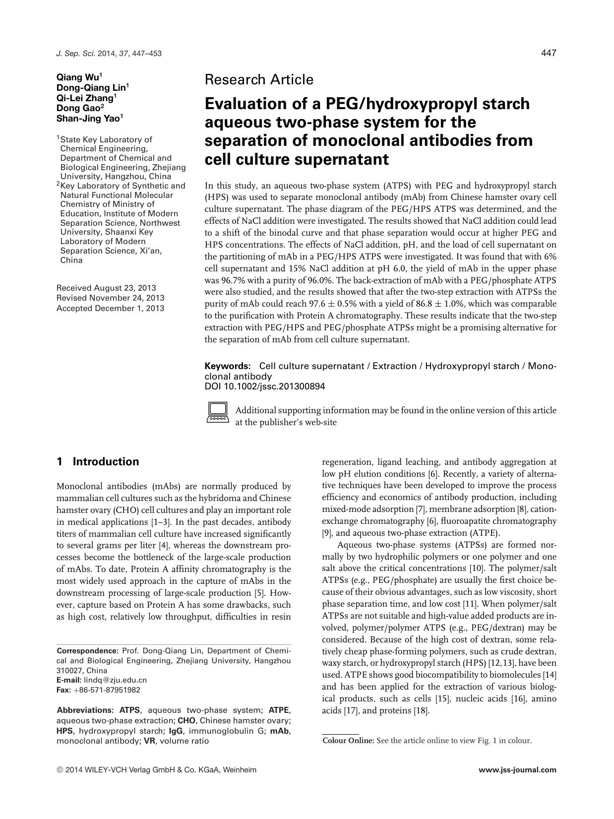 Evaluation of a PEG&#x0002F;hydroxypropyl starch aqueous two&#x02010;phase system for the separation of monoclonal antibodies from cell culture supernatant by Unknown
