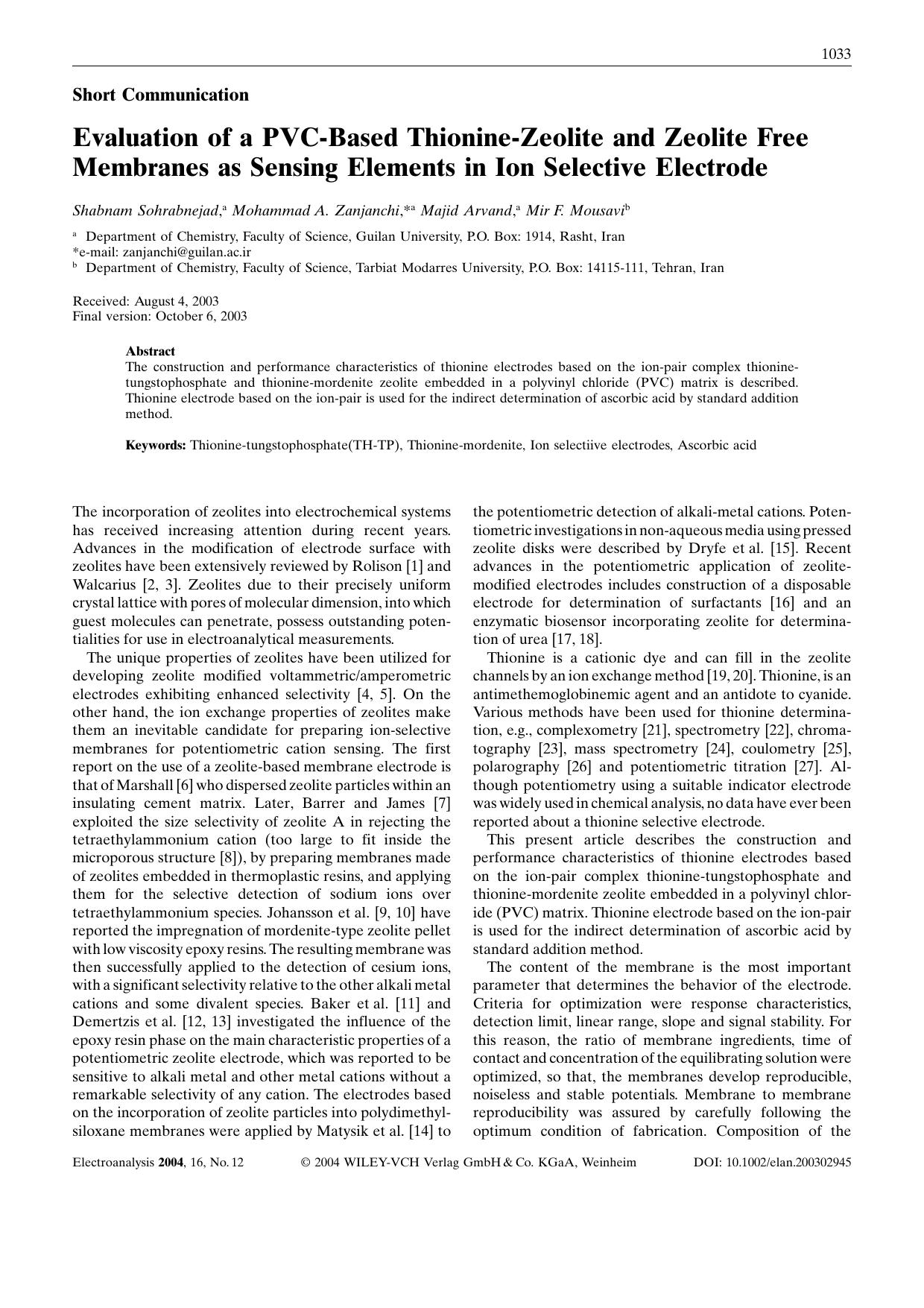 Evaluation of a PVC-Based Thionine-Zeolite and Zeolite Free Membranes as Sensing Elements in Ion Selective Electrode by Unknown