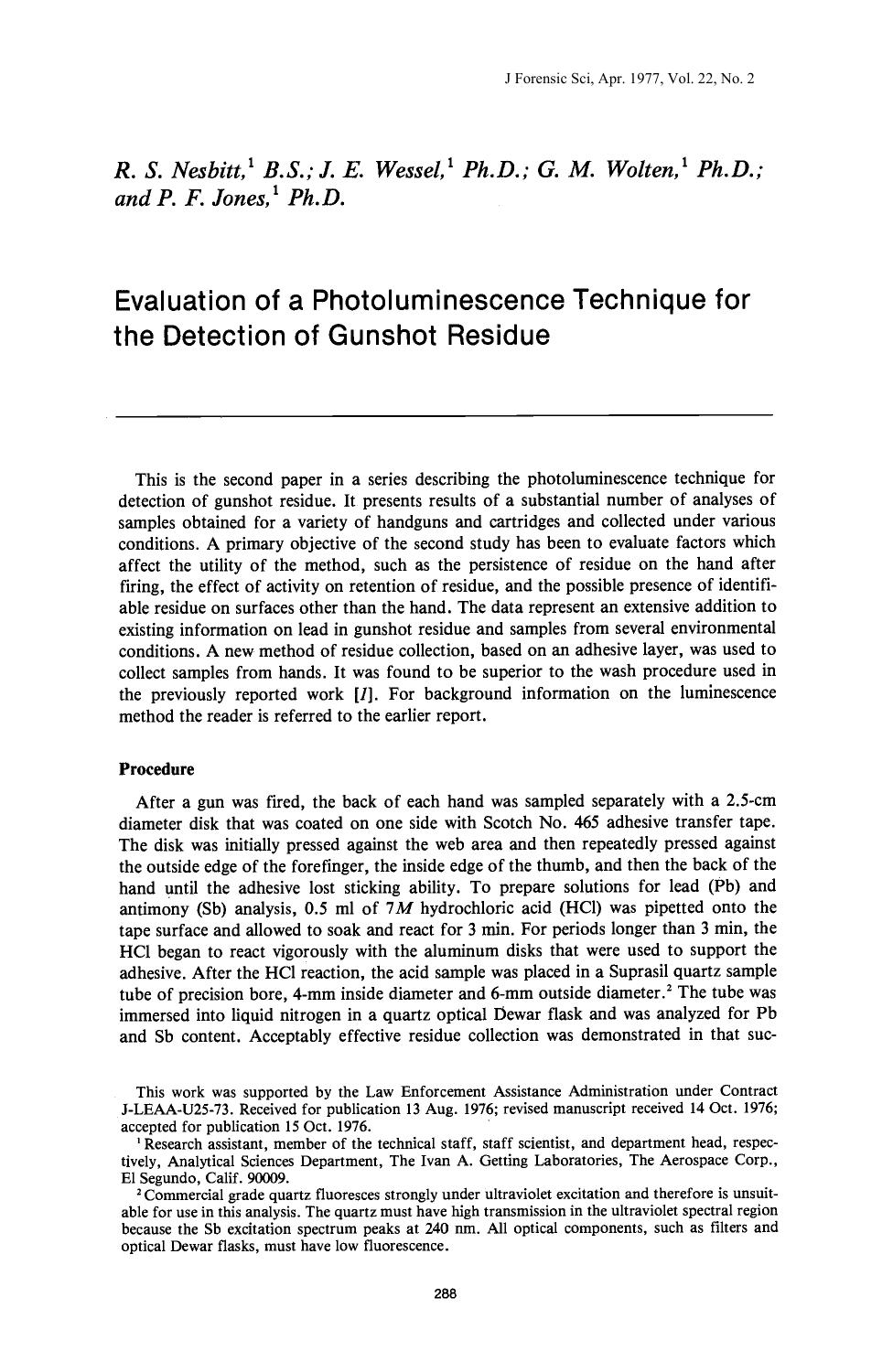 Evaluation of a Photoluminescence Technique for the Detection of Gunshot Residue by Nesbitt RS Wessel JE Wolten GM Jones PF