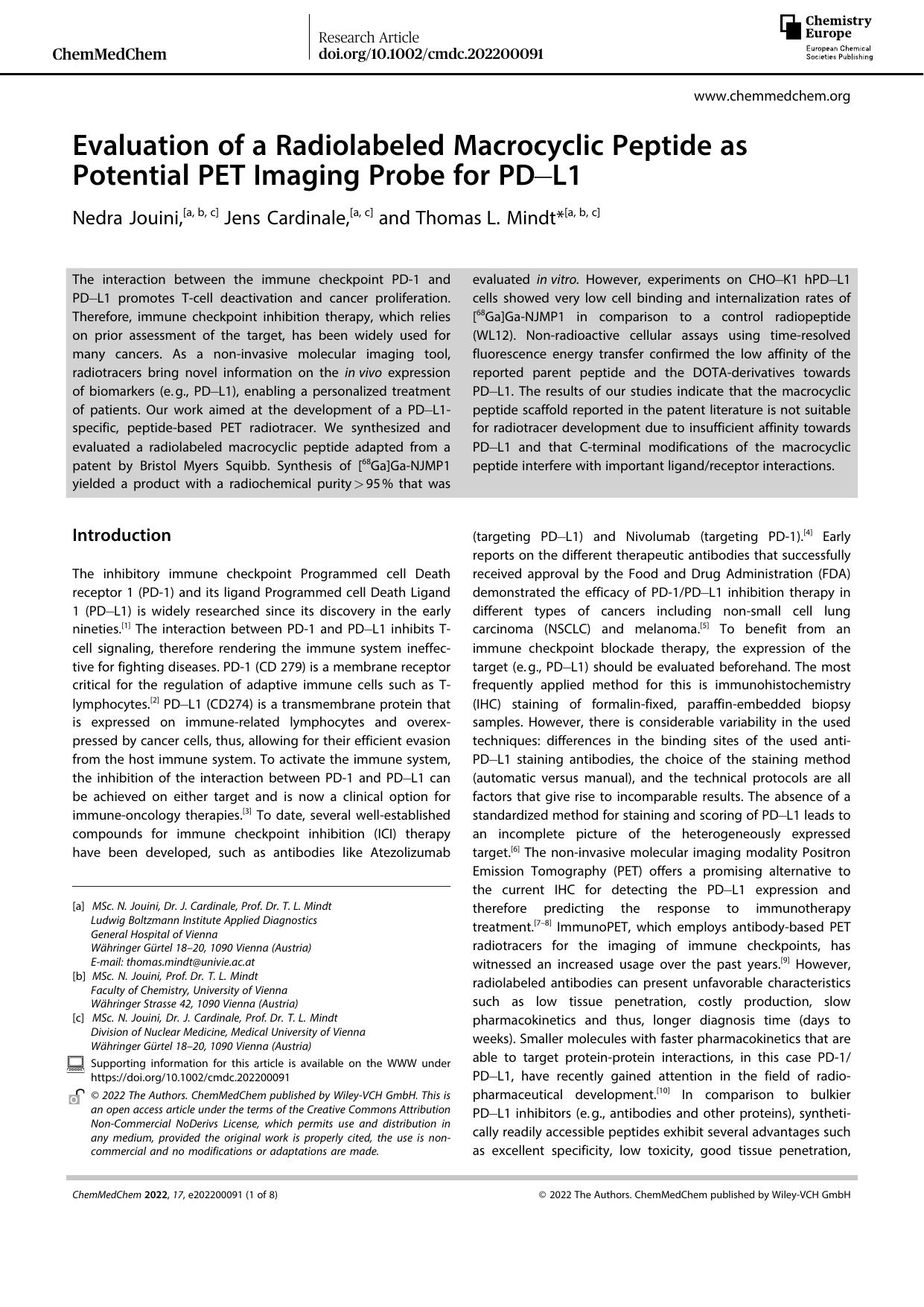Evaluation of a Radiolabeled Macrocyclic Peptide as Potential PET Imaging Probe for PDâL1 by Unknown