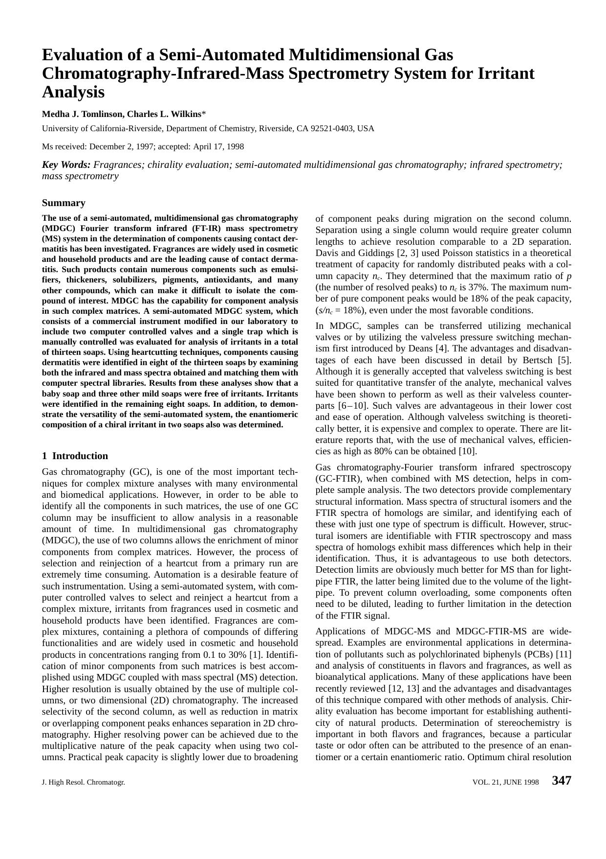 Evaluation of a Semi-Automated Multidimensional Gas Chromatography-Infrared-Mass Spectrometry System for Irritant Analysis by Unknown