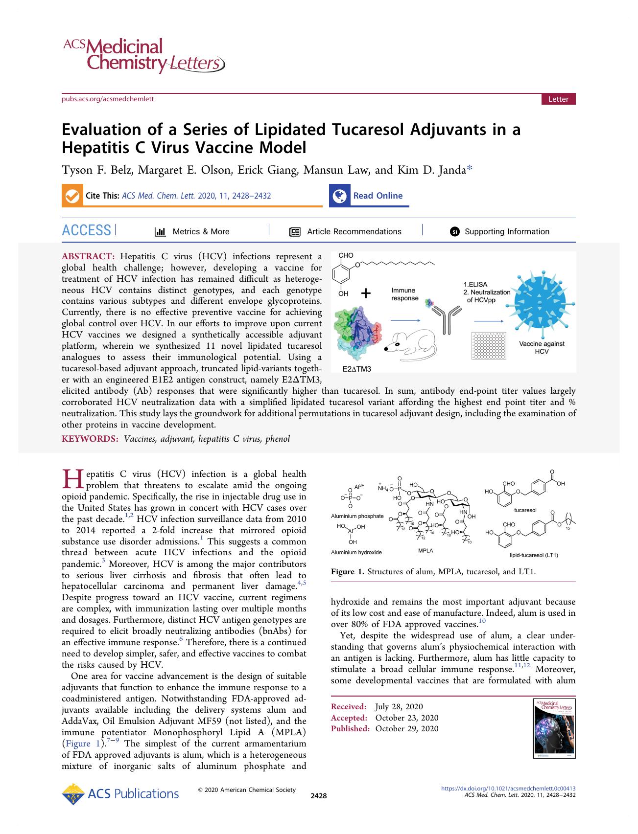 Evaluation of a Series of Lipidated Tucaresol Adjuvants in a Hepatitis C Virus Vaccine Model by Tyson F. Belz; Margaret E. Olson; Erick Giang; Mansun Law; Kim D. Janda