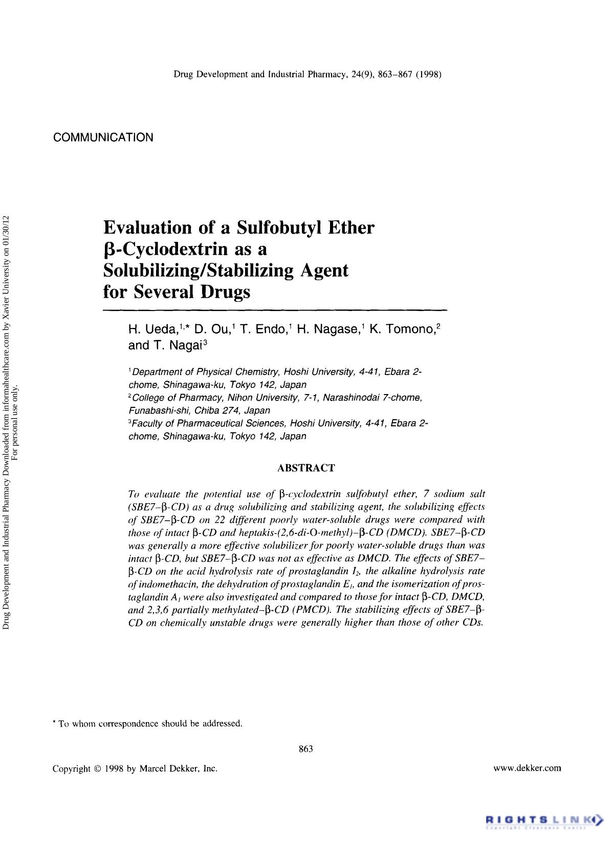 Evaluation of a Sulfobutyl Ether Î²-Cyclodextrin as a SolubilizingStabilizing Agent for Several Drugs by H. Ueda D. Ou T. Endo H. Nagase K. Tomono & T. Nagai