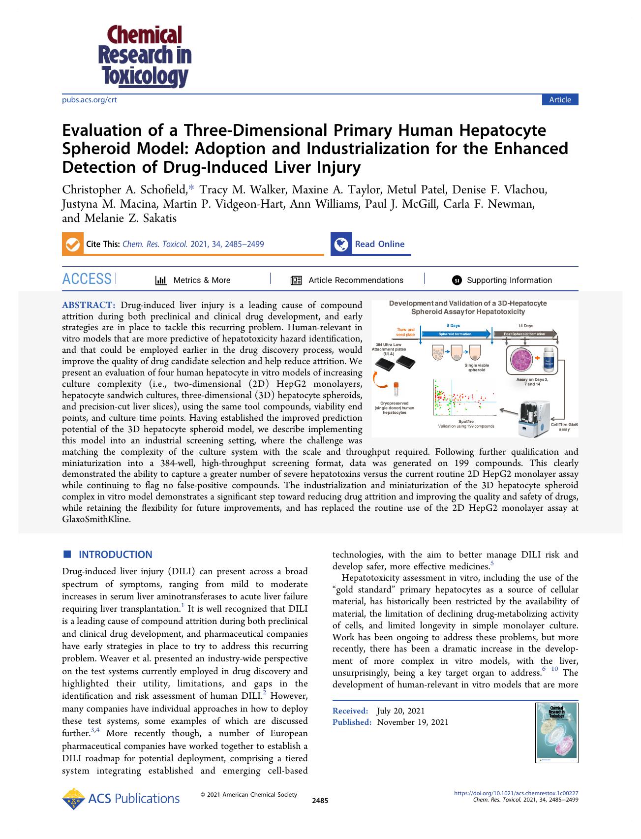 Evaluation of a Three-Dimensional Primary Human Hepatocyte Spheroid Model: Adoption and Industrialization for the Enhanced Detection of Drug-Induced Liver Injury by unknow
