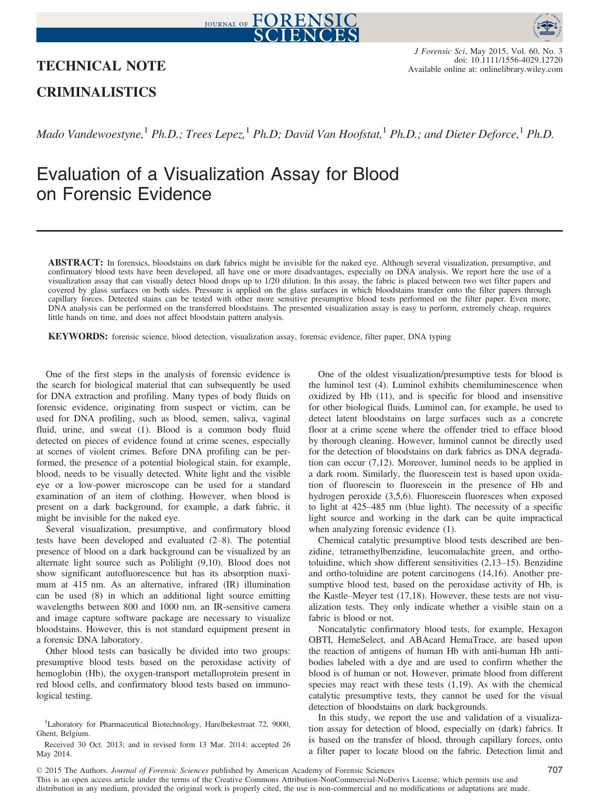 Evaluation of a Visualization Assay for Blood on Forensic Evidence by Unknown