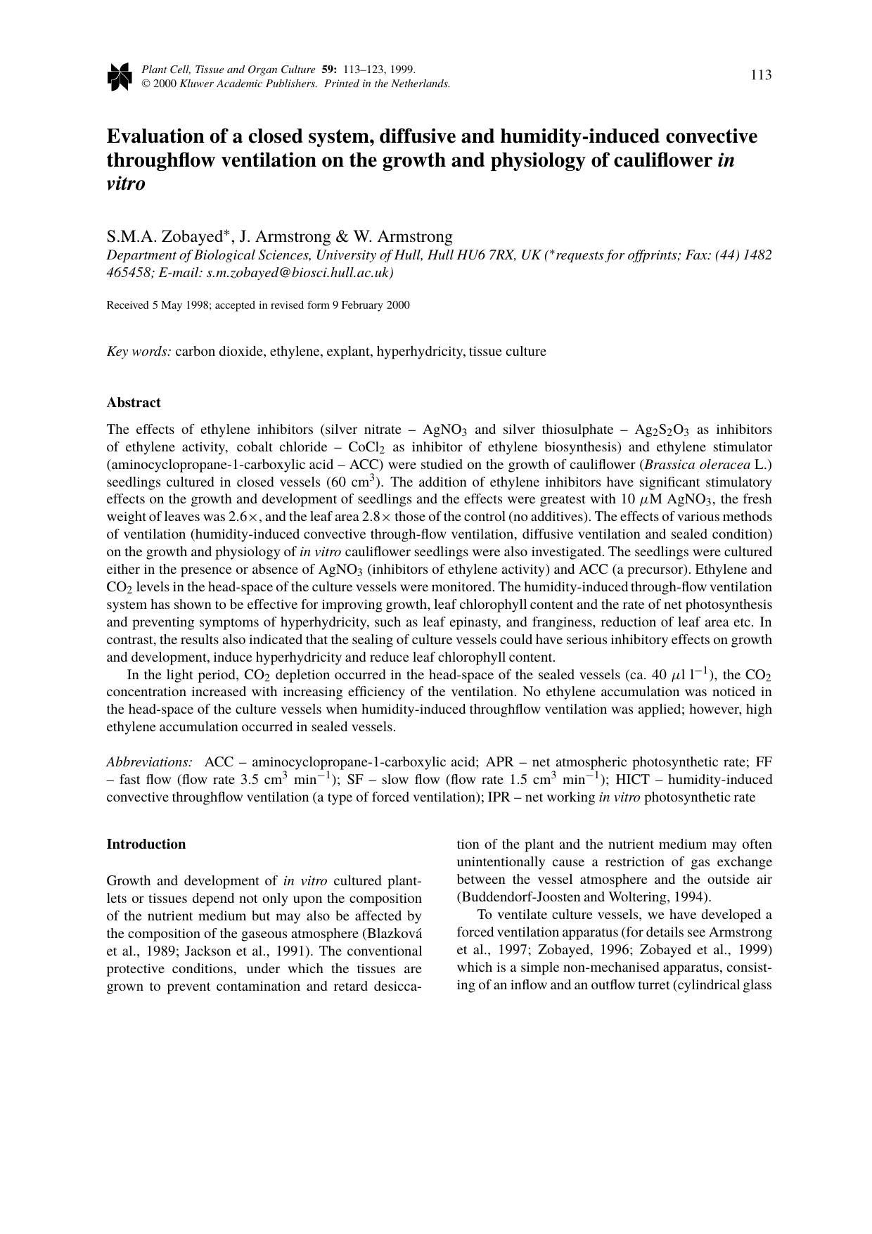 Evaluation of a closed system, diffusive and humidity-induced convective throughflow ventilation on the growth and physiology of cauliflower in vitro by Unknown