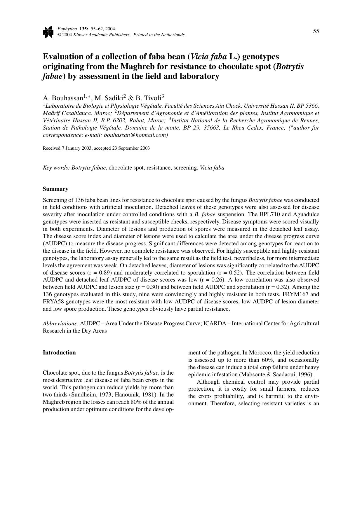 Evaluation of a collection of faba bean (<Emphasis Type="Italic">Vicia faba<Emphasis> L.) genotypes originating from the Maghreb for resistance to chocolate spot (<Emphasis Type="I by Unknown