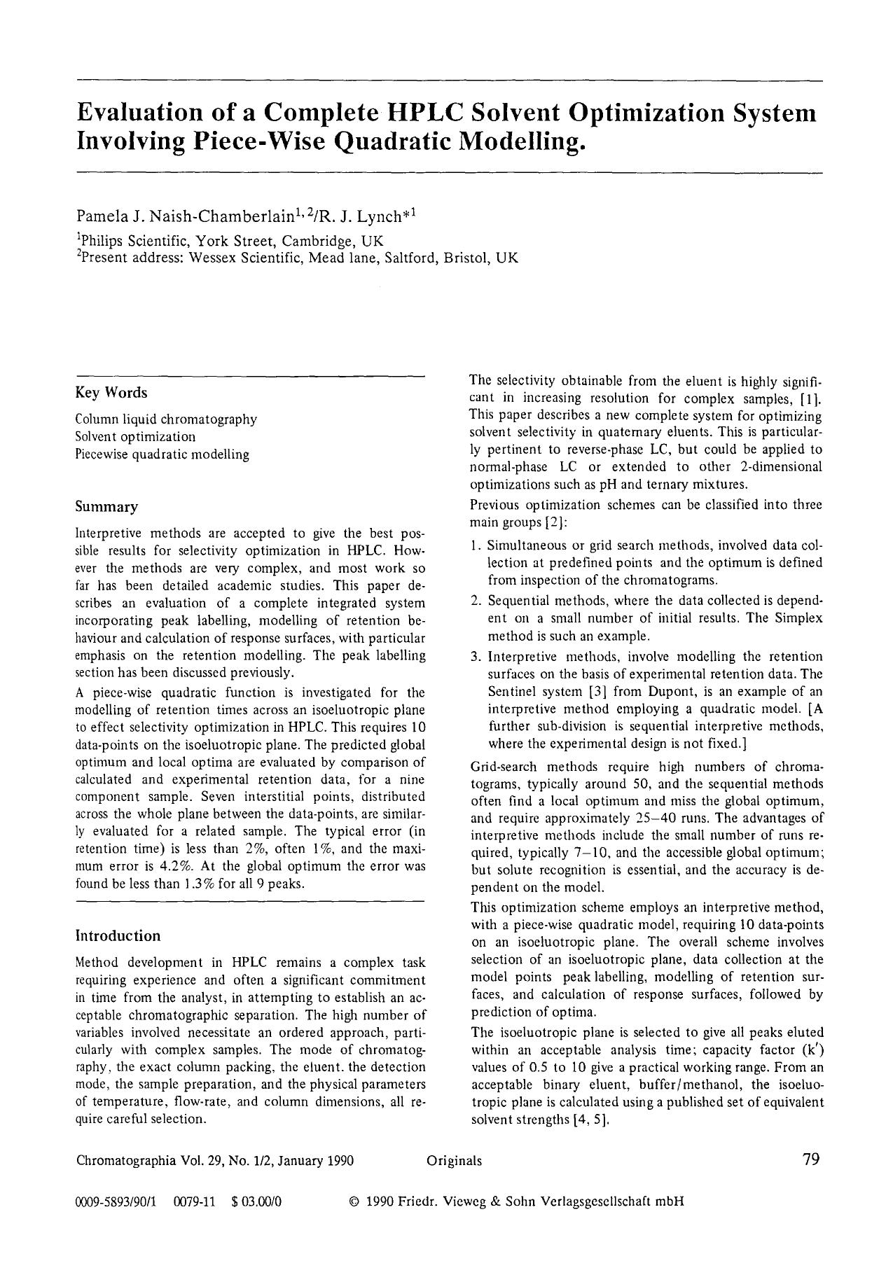 Evaluation of a complete HPLC solvent optimization system involving piece-wise quadratic modelling by Unknown