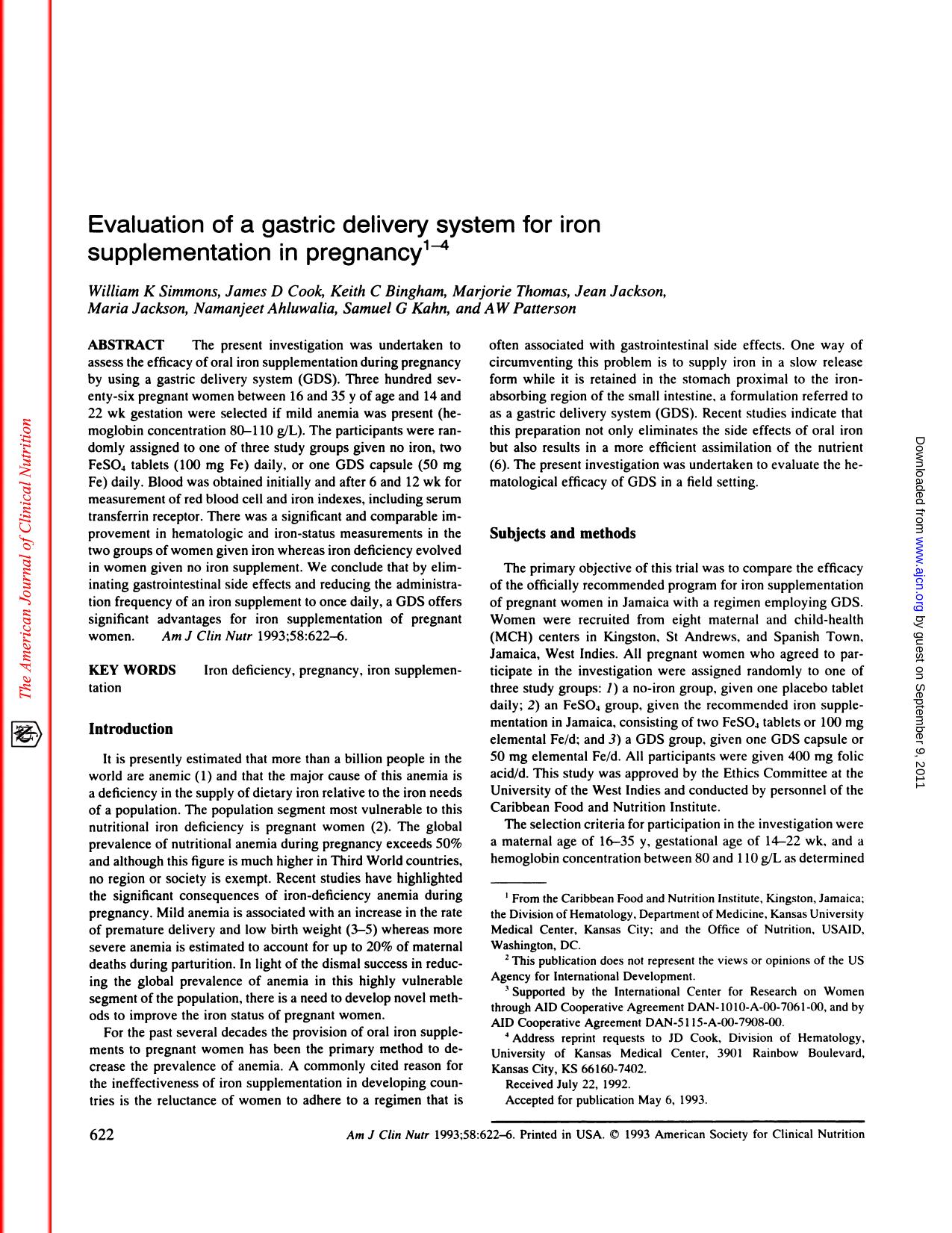 Evaluation of a gastric delivery system for iron supplementation in pregnancy by Simmons W.K. Cook J.D. Bingham K.C. et al