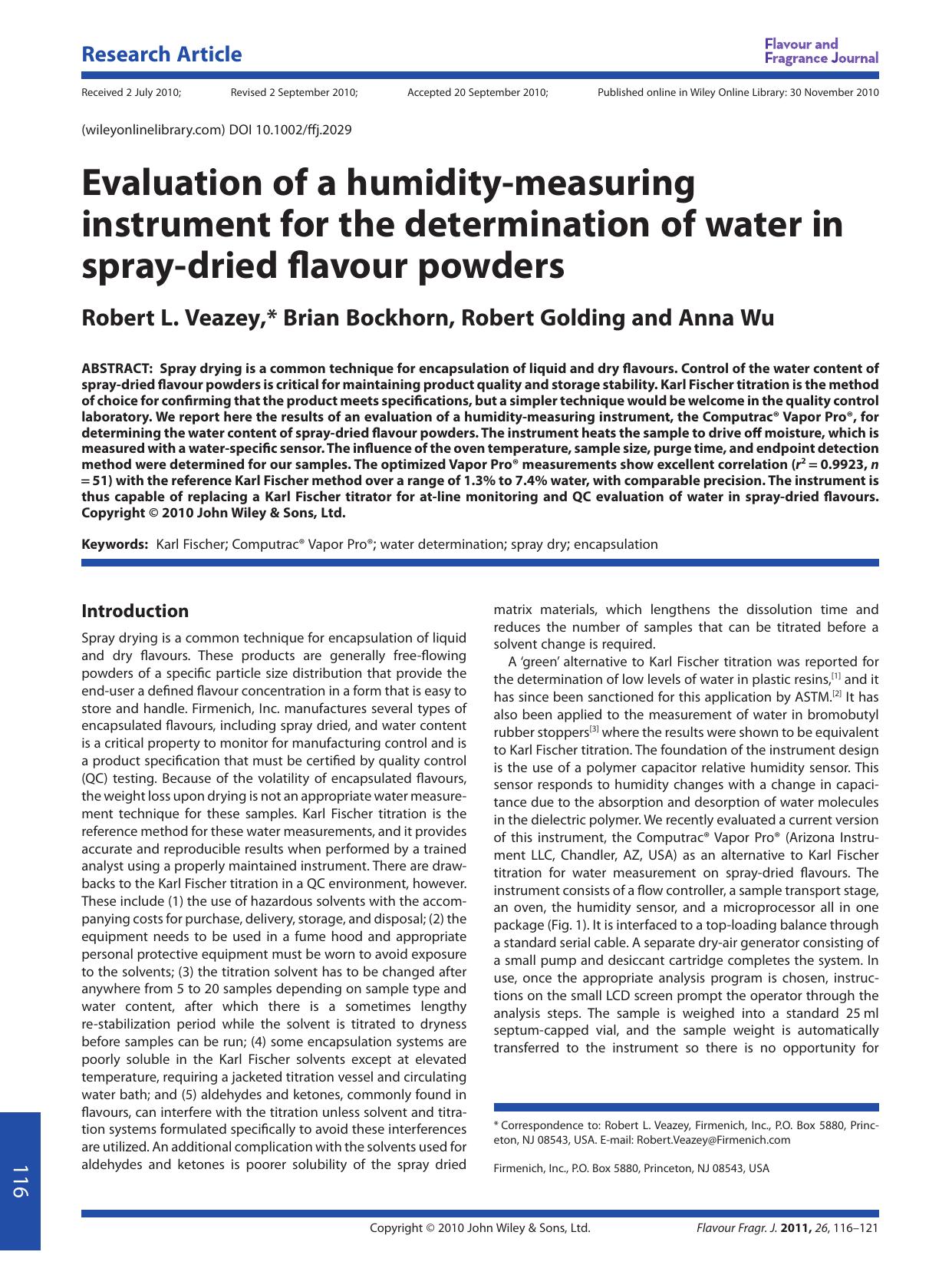 Evaluation of a humiditymeasuring instrument for the determination of water in spraydried flavour powders by Unknown