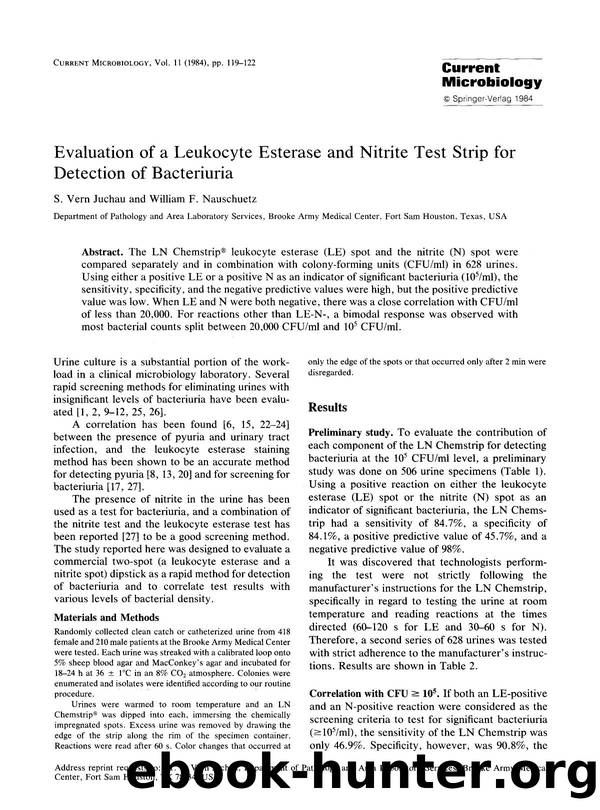 Evaluation of a leukocyte esterase and nitrite test strip for detection of bacteriuria by Unknown
