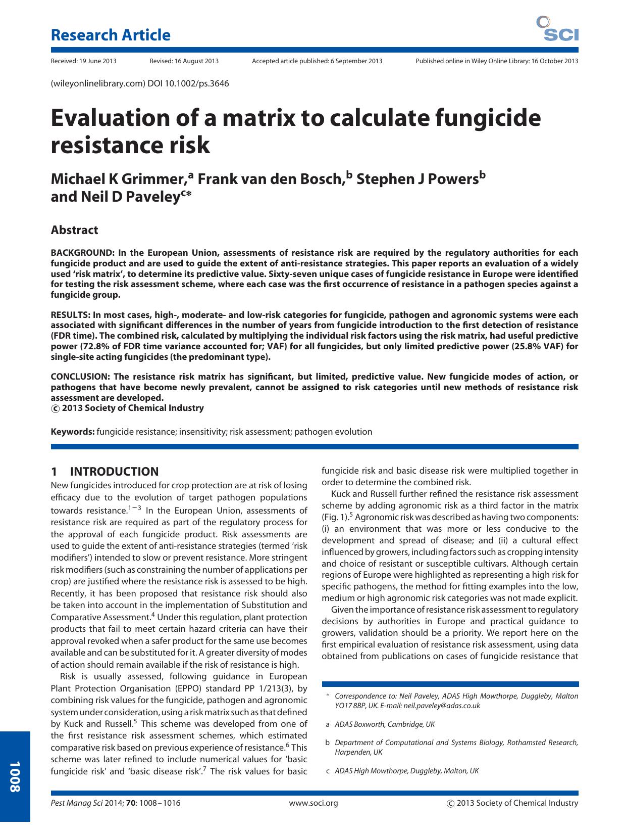 Evaluation of a matrix to calculate fungicide resistance risk by Unknown