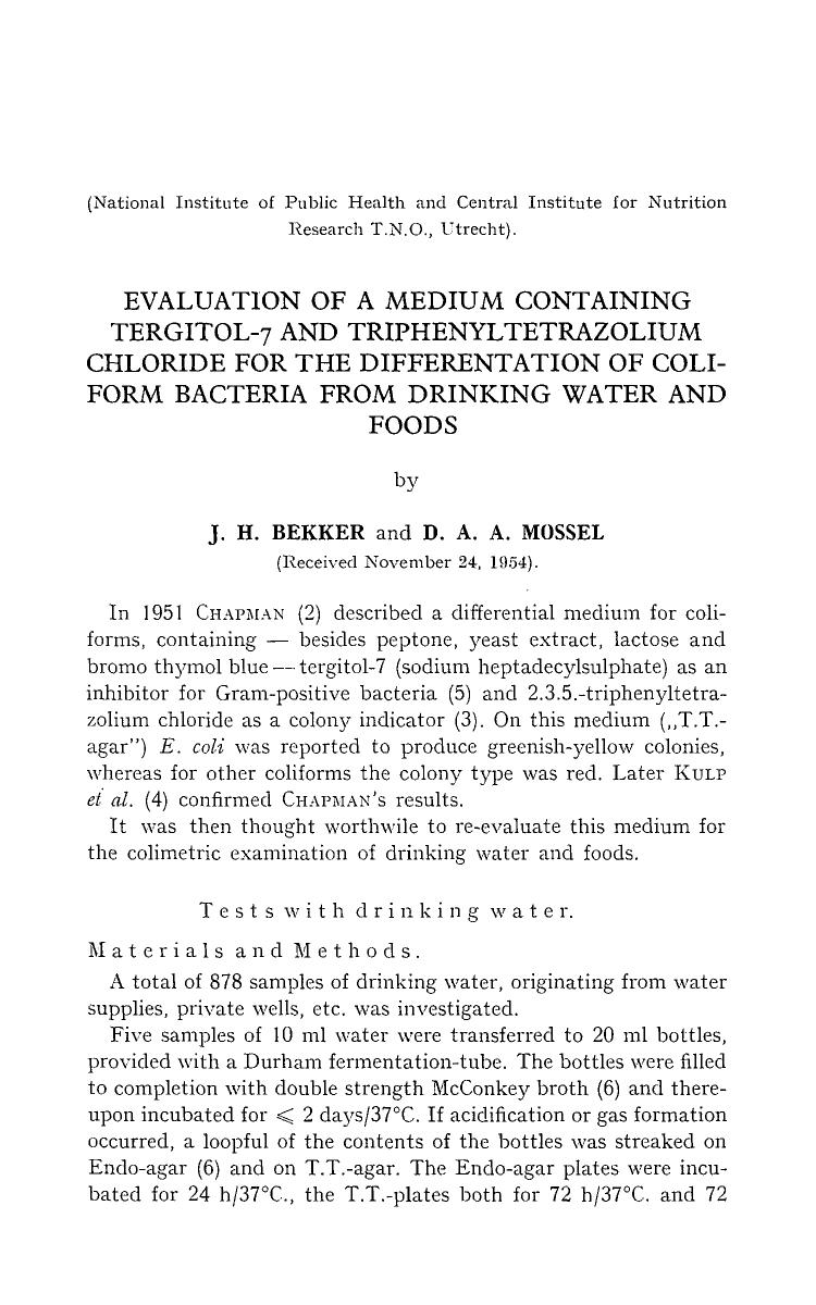 Evaluation of a medium containing tergitol-7 and triphenyltetrazolium chloride for the differentation of coliform bacteria from drinking water and foods by Unknown