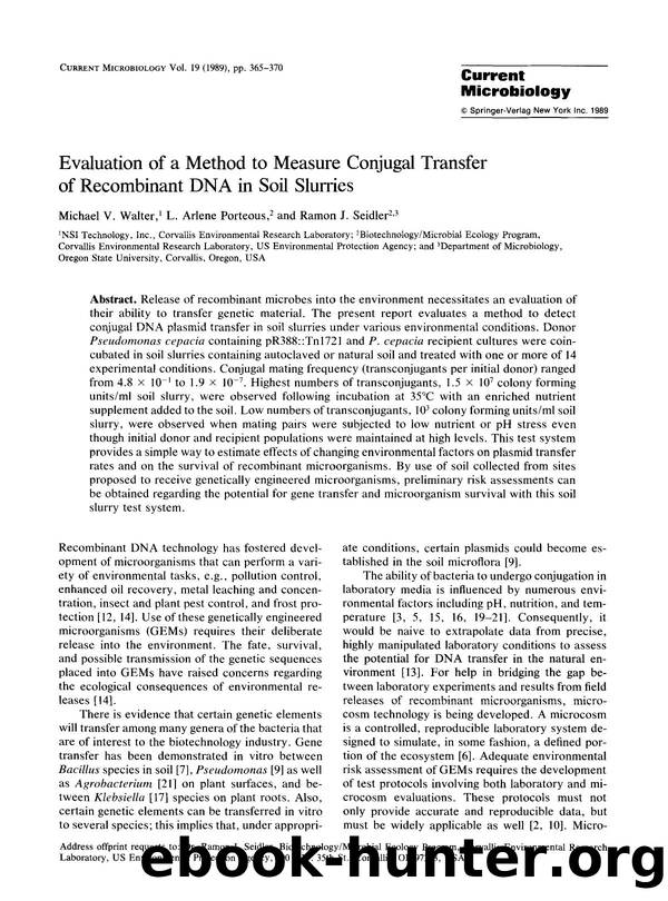 Evaluation of a method to measure conjugal transfer of recombinant DNA in soil slurries by Unknown