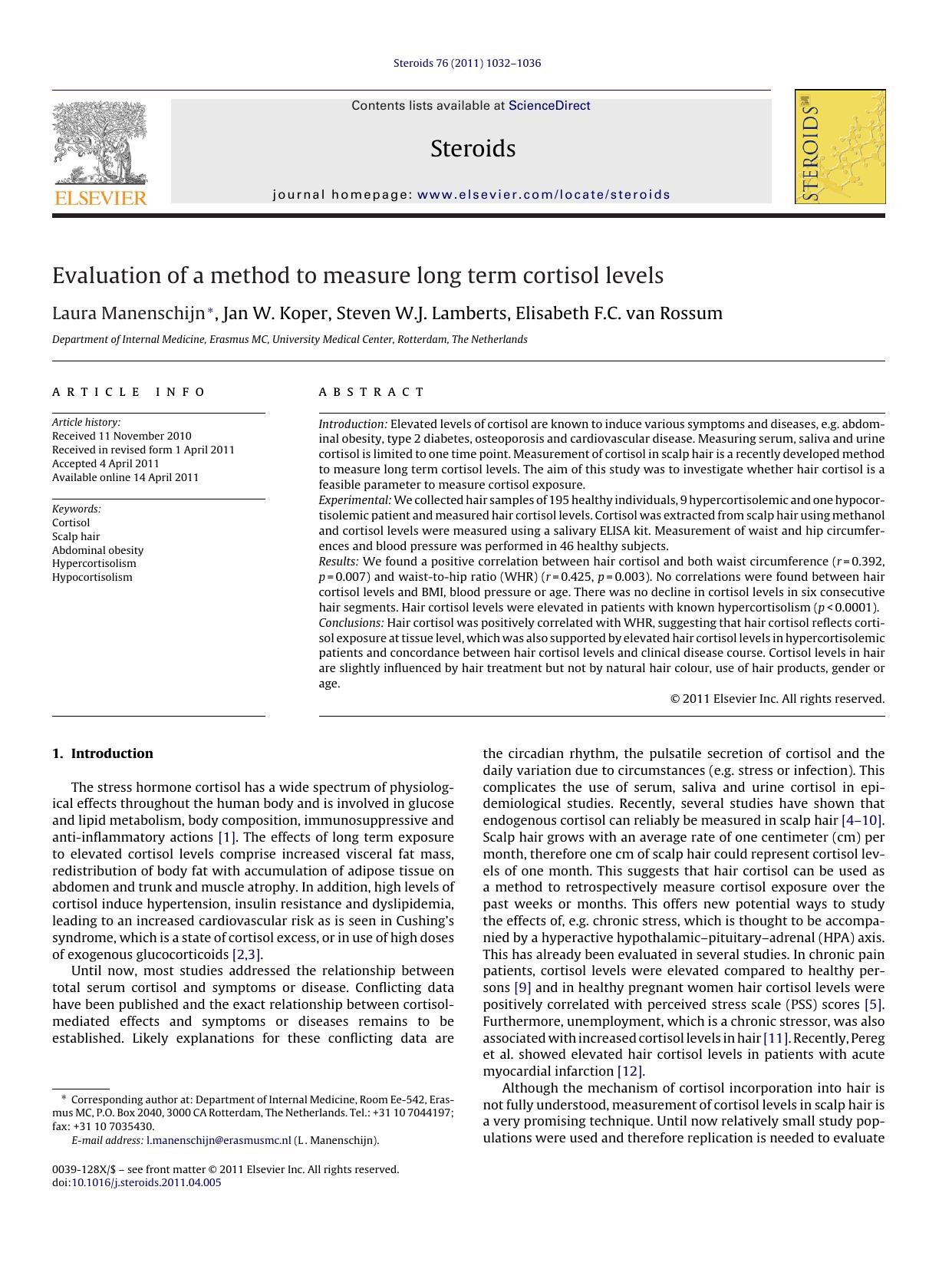 Evaluation of a method to measure long term cortisol levels by Laura Manenschijn