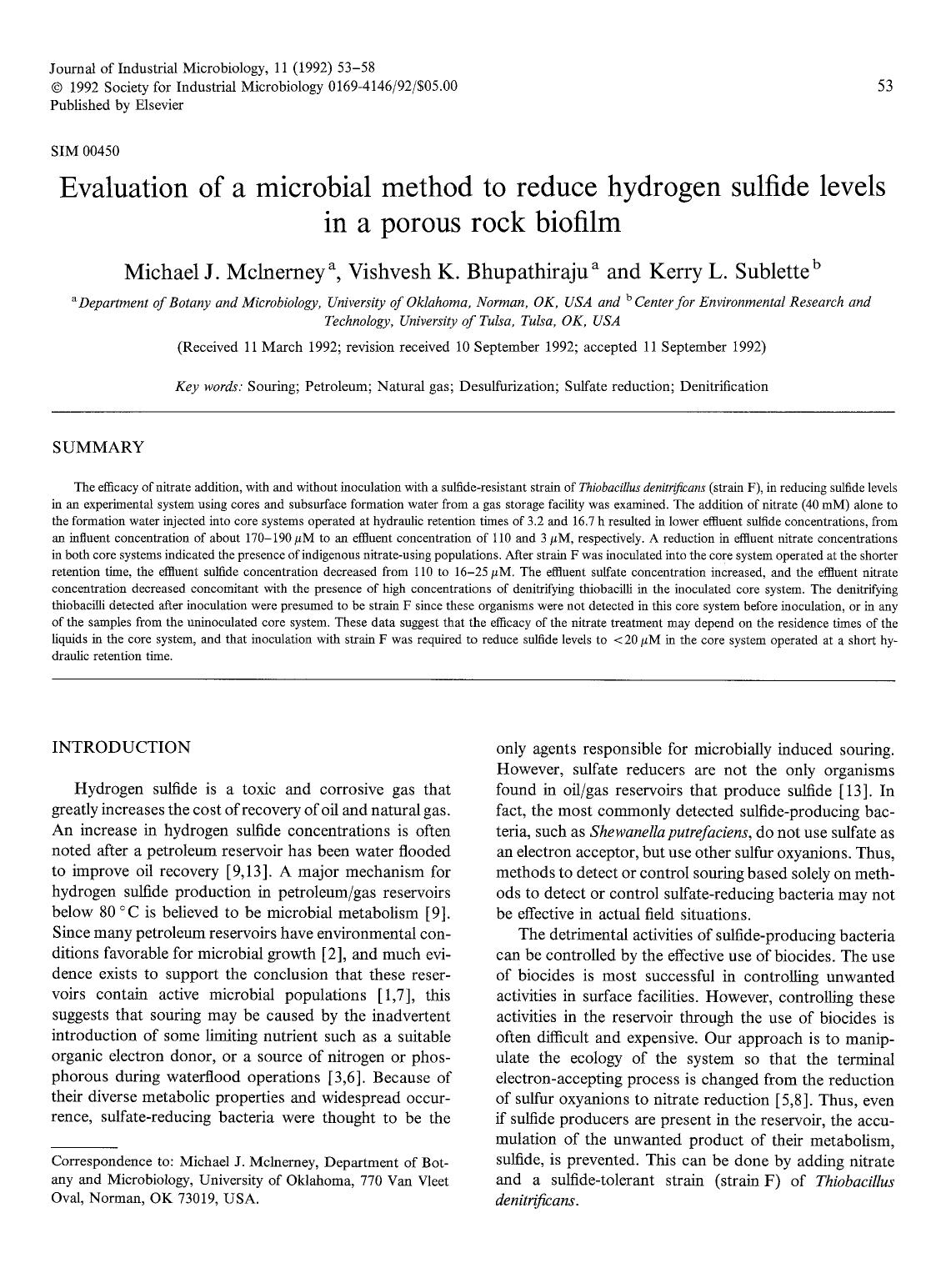 Evaluation of a microbial method to reduce hydrogen sulfide levels in a porous rock biofilm by Unknown