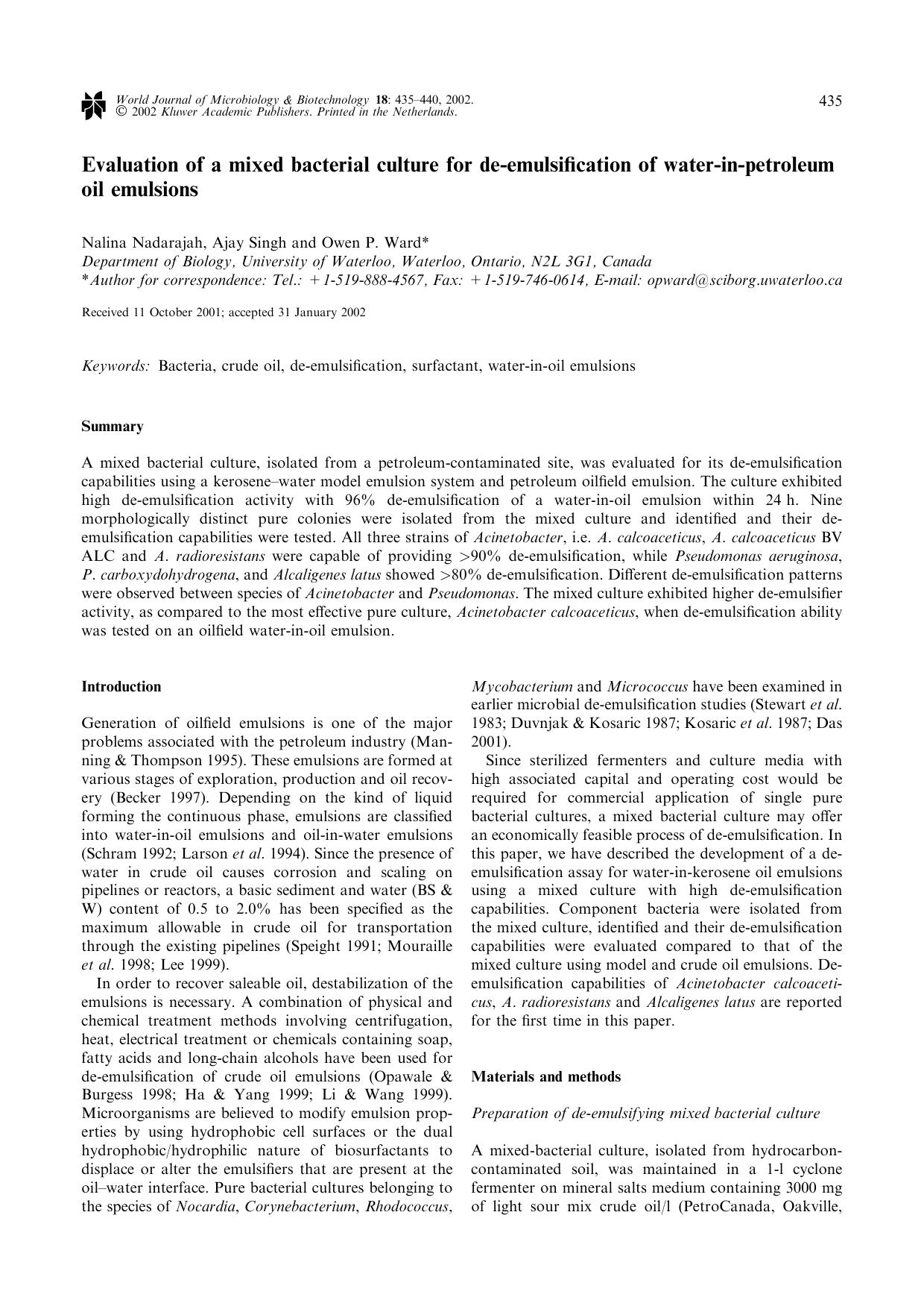 Evaluation of a mixed bacterial culture for de-emulsification of water-in-petroleum oil emulsions by Unknown