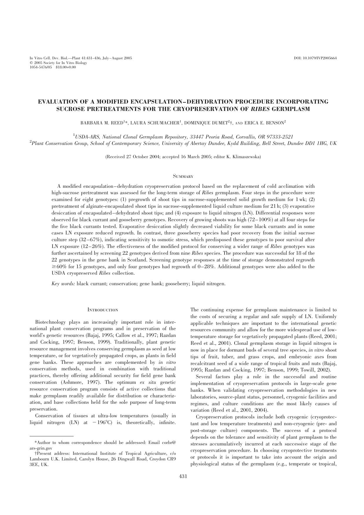 Evaluation of a modified encapsulation-dehydration procedure incorporating sucrose pretreatments for the cryopreservation of <Emphasis Type="Italic">Ribes<Emphasis> germplasm by Unknown