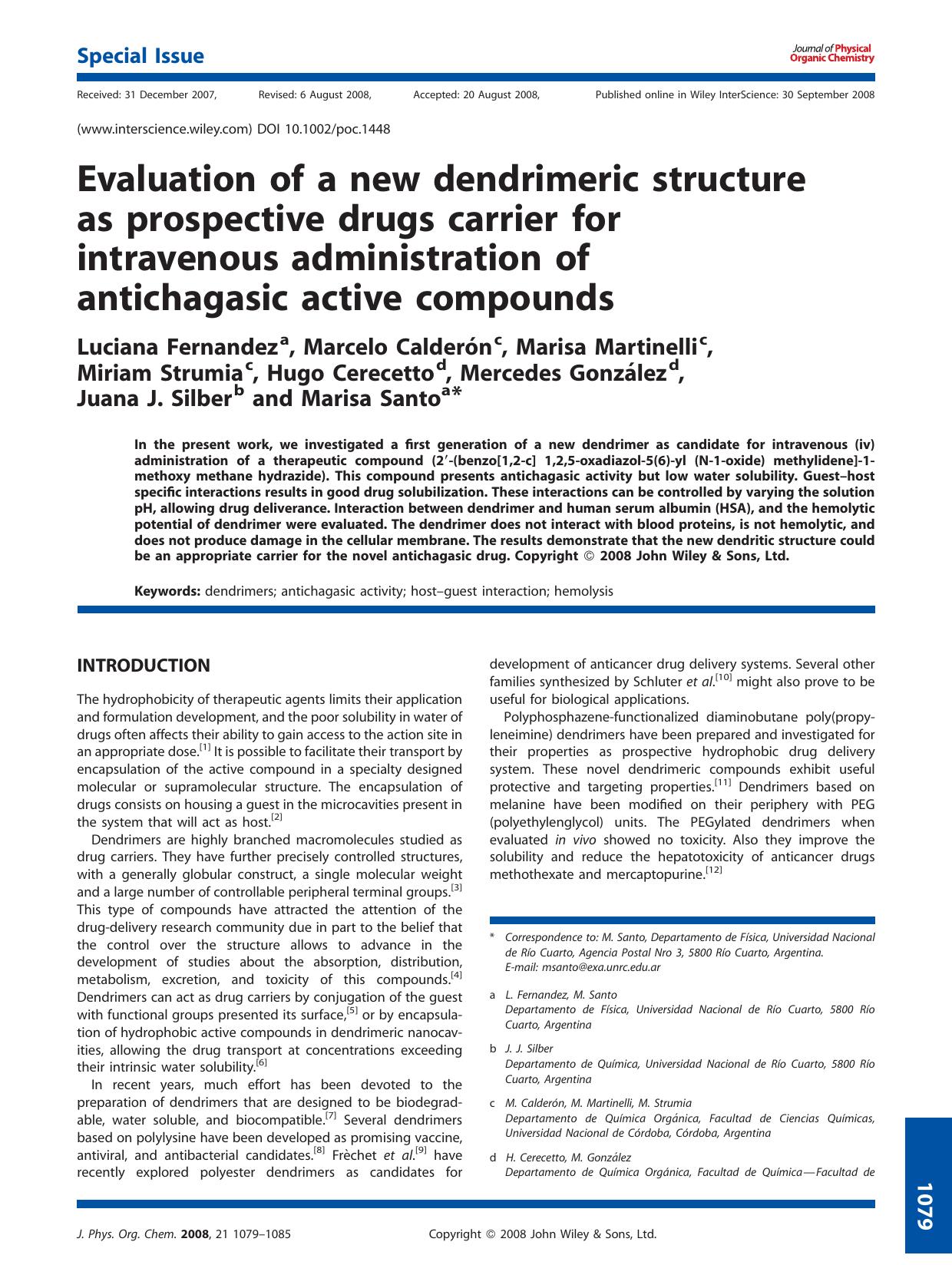 Evaluation of a new dendrimeric structure as prospective drugs carrier for intravenous administration of antichagasic active compounds by Unknown
