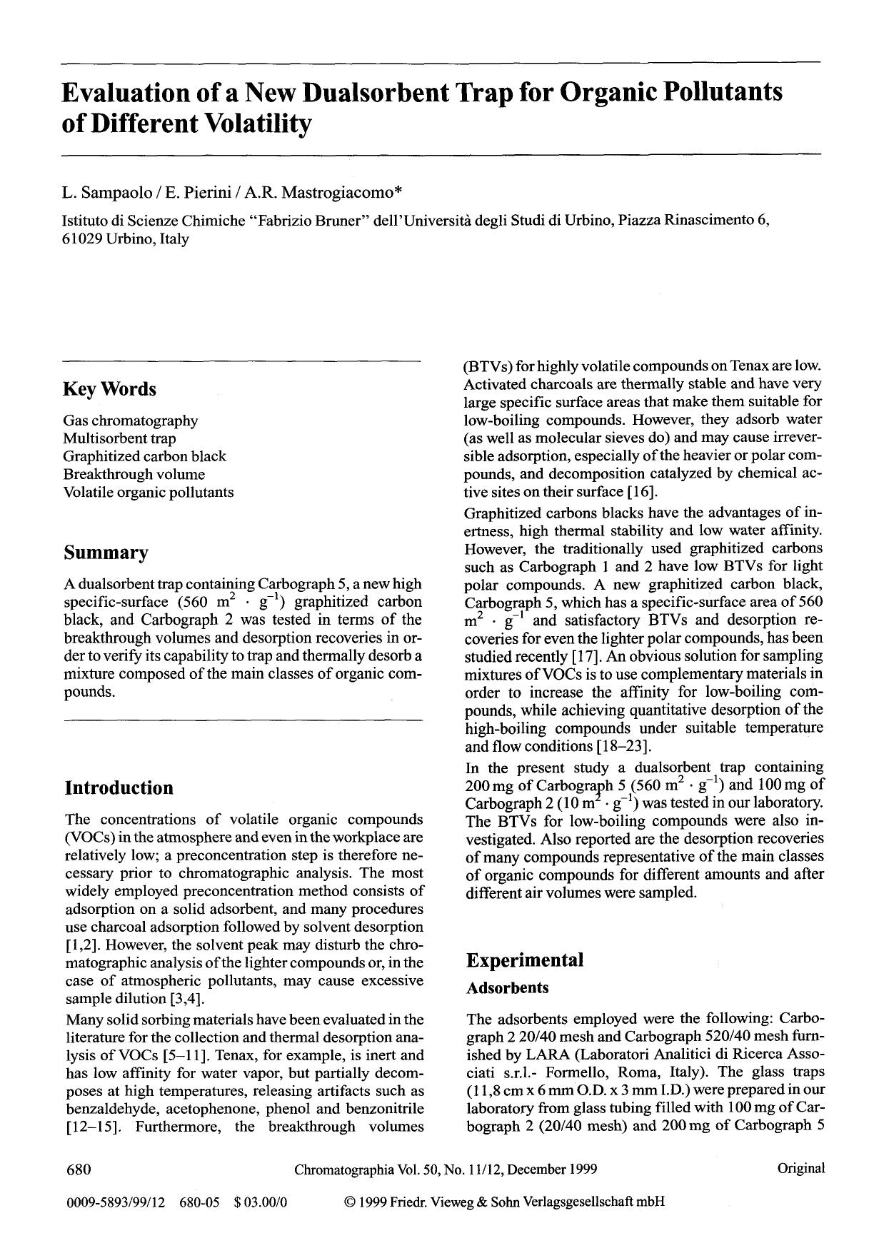 Evaluation of a new dualsorbent trap for organic pollutants of different volatility by Unknown