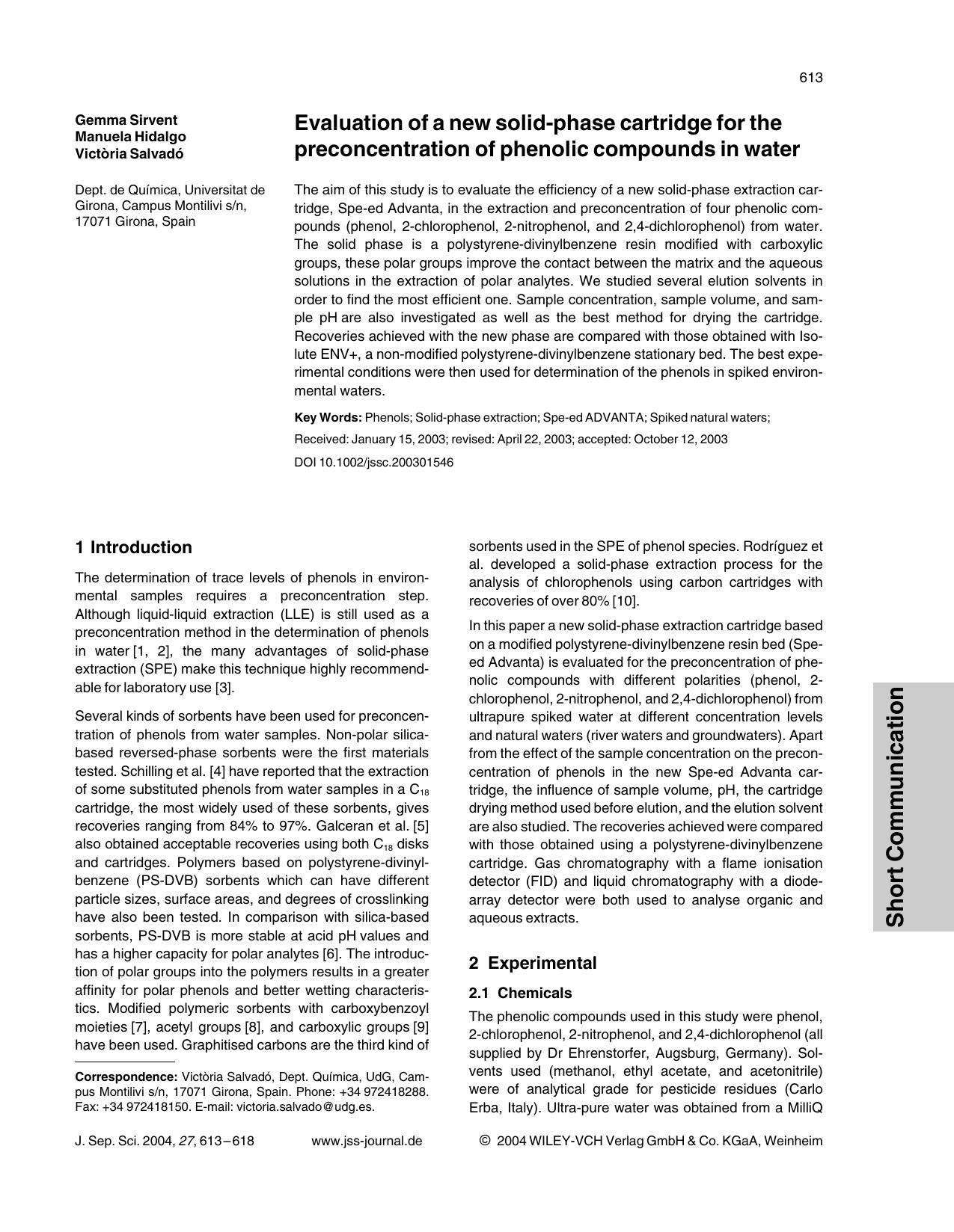 Evaluation of a new solid-phase cartridge for the preconcentration of phenolic compounds in water by Unknown