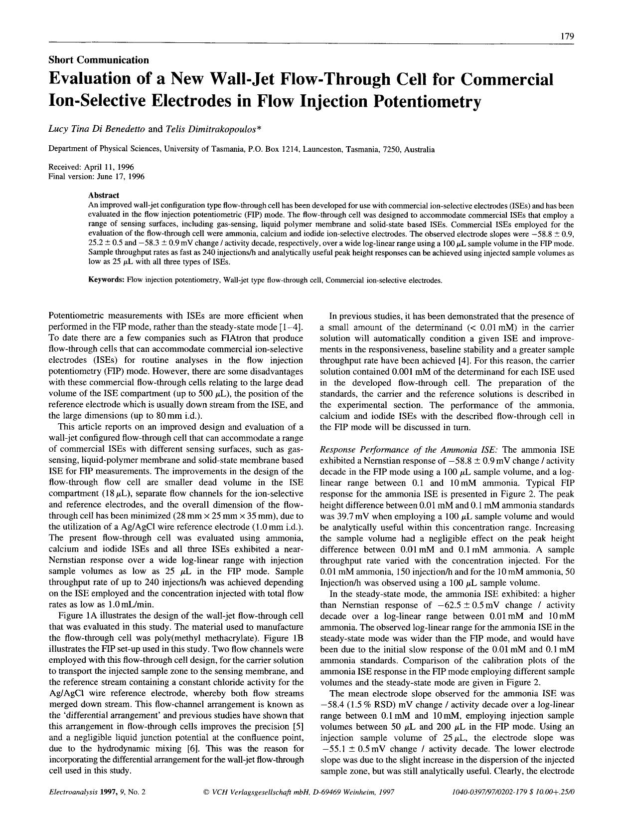 Evaluation of a new wall-jet flow-through cell for commercial ion-selective electrodes in flow injection potentiometry by Unknown