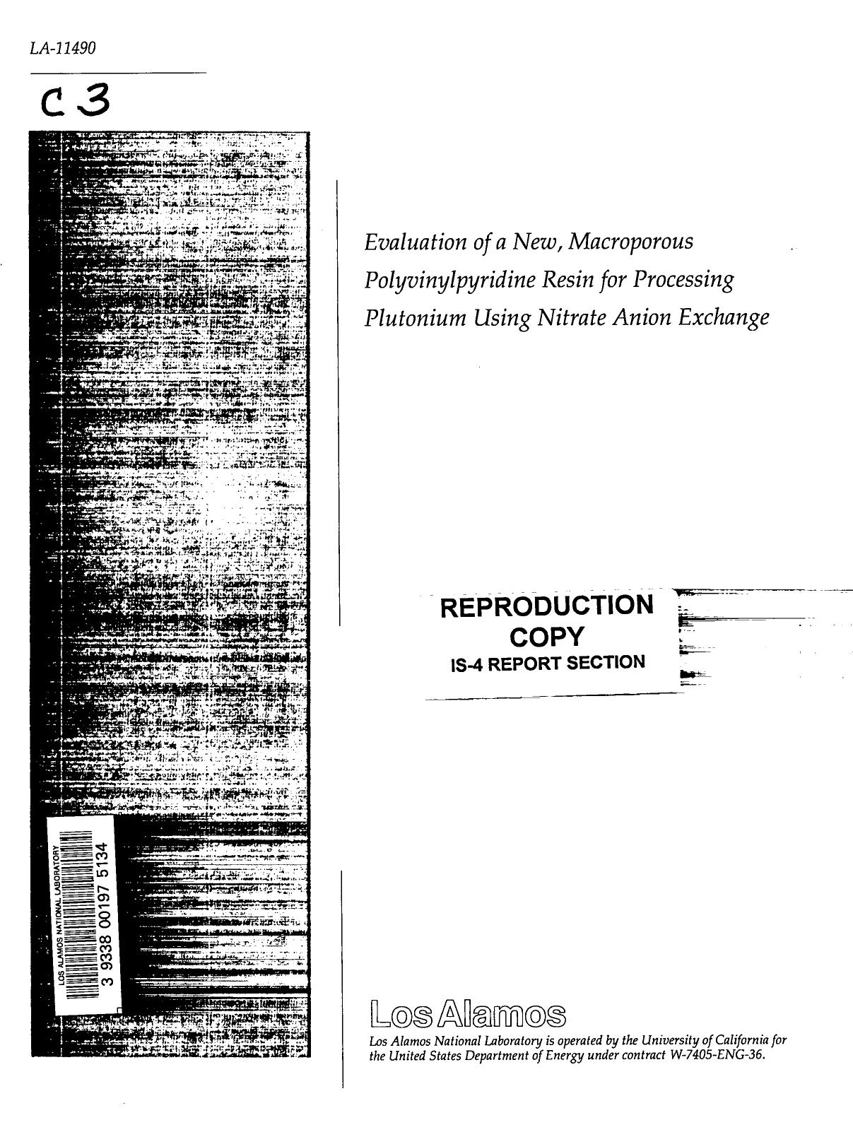 Evaluation of a new, macroporous polyvinylpyridine resin for processing plutonium using nitrate anion exchange None by LANL Research Library LWW Project
