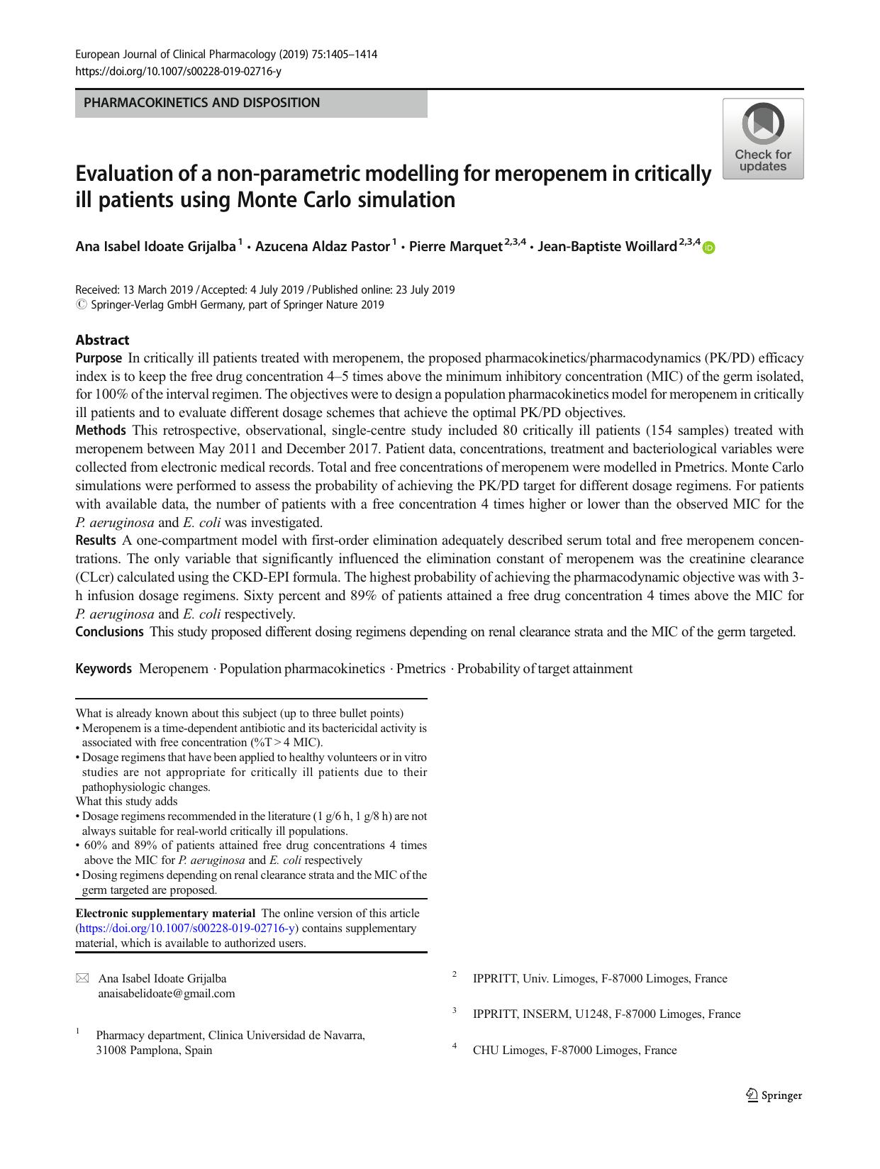 Evaluation of a non-parametric modelling for meropenem in critically ill patients using Monte Carlo simulation by Ana Isabel Idoate Grijalba; Azucena Aldaz Pastor; Pierre Marquet; Jean-Baptiste Woillard