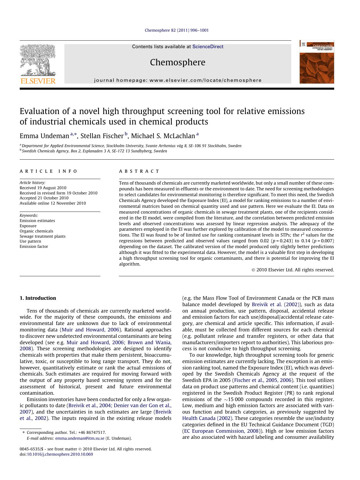 Evaluation of a novel high throughput screening tool for relative emissions of industrial chemicals used in chemical products by Emma Undeman & Stellan Fischer & Michael S. McLachlan