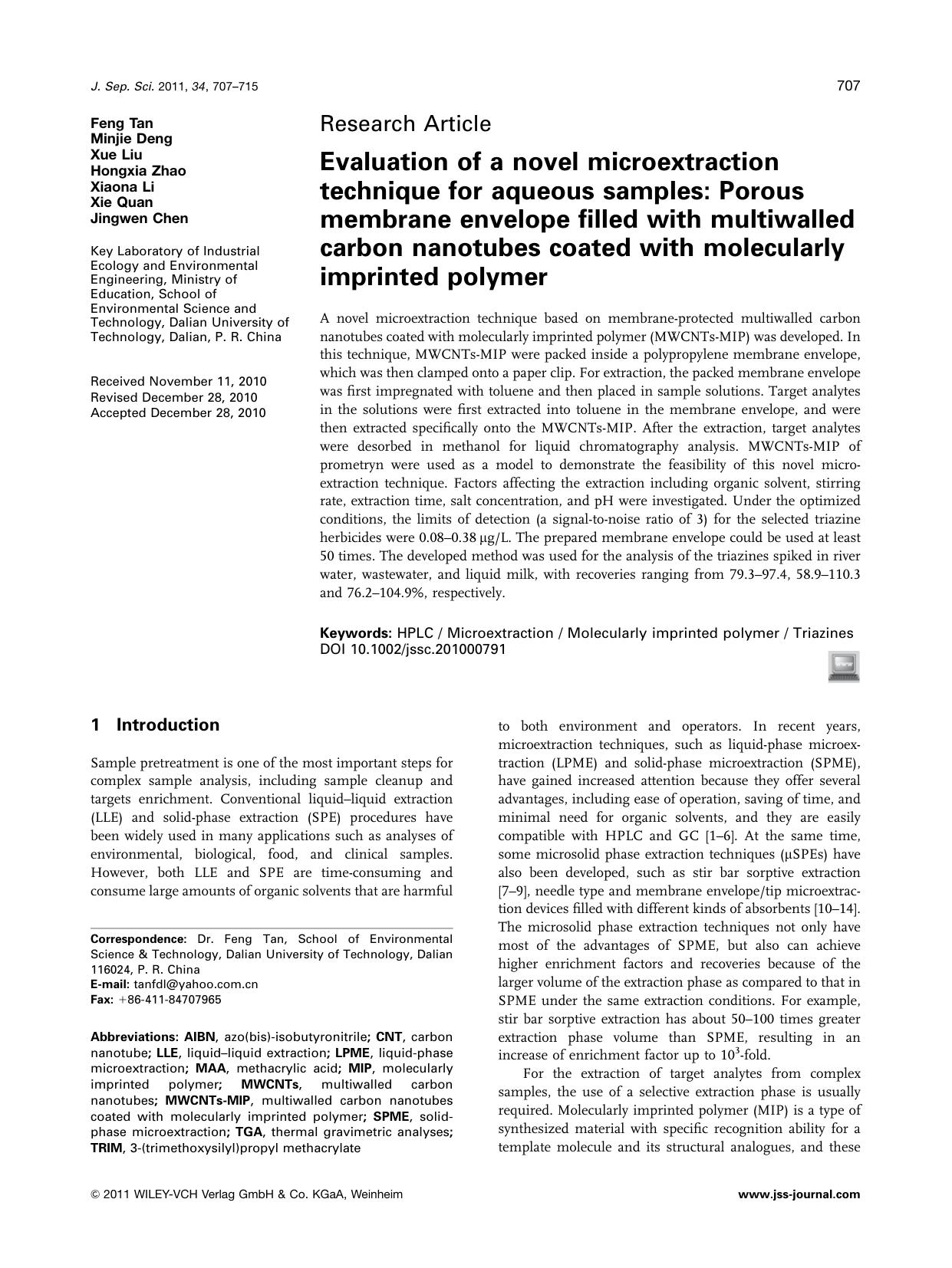 Evaluation of a novel microextraction technique for aqueous samples: Porous membrane envelope filled with multiwalled carbon nanotubes coated with molecularly imprinted polymer by Unknown