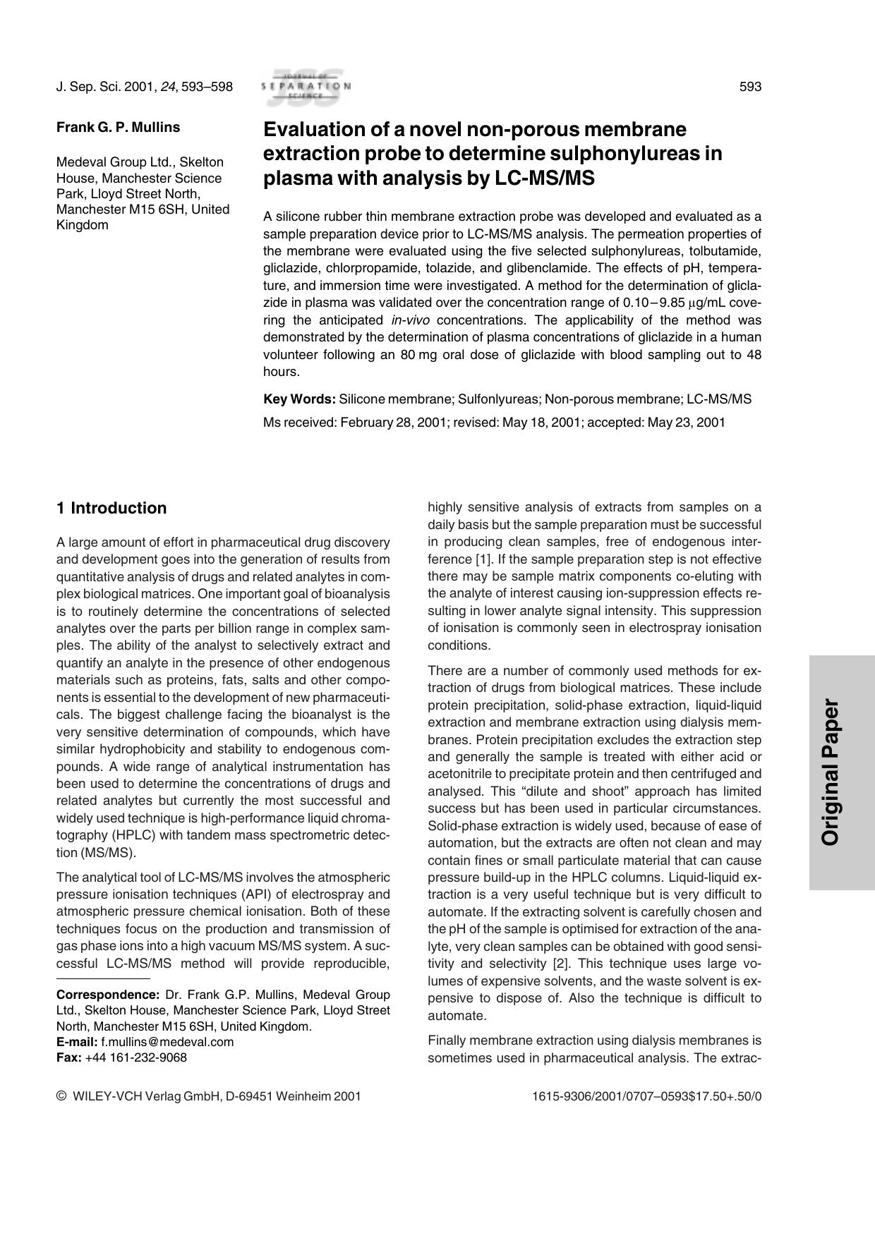 Evaluation of a novel non-porous membrane extraction probe to determine sulphonylureas in plasma with analysis by LC-MSMS by Unknown
