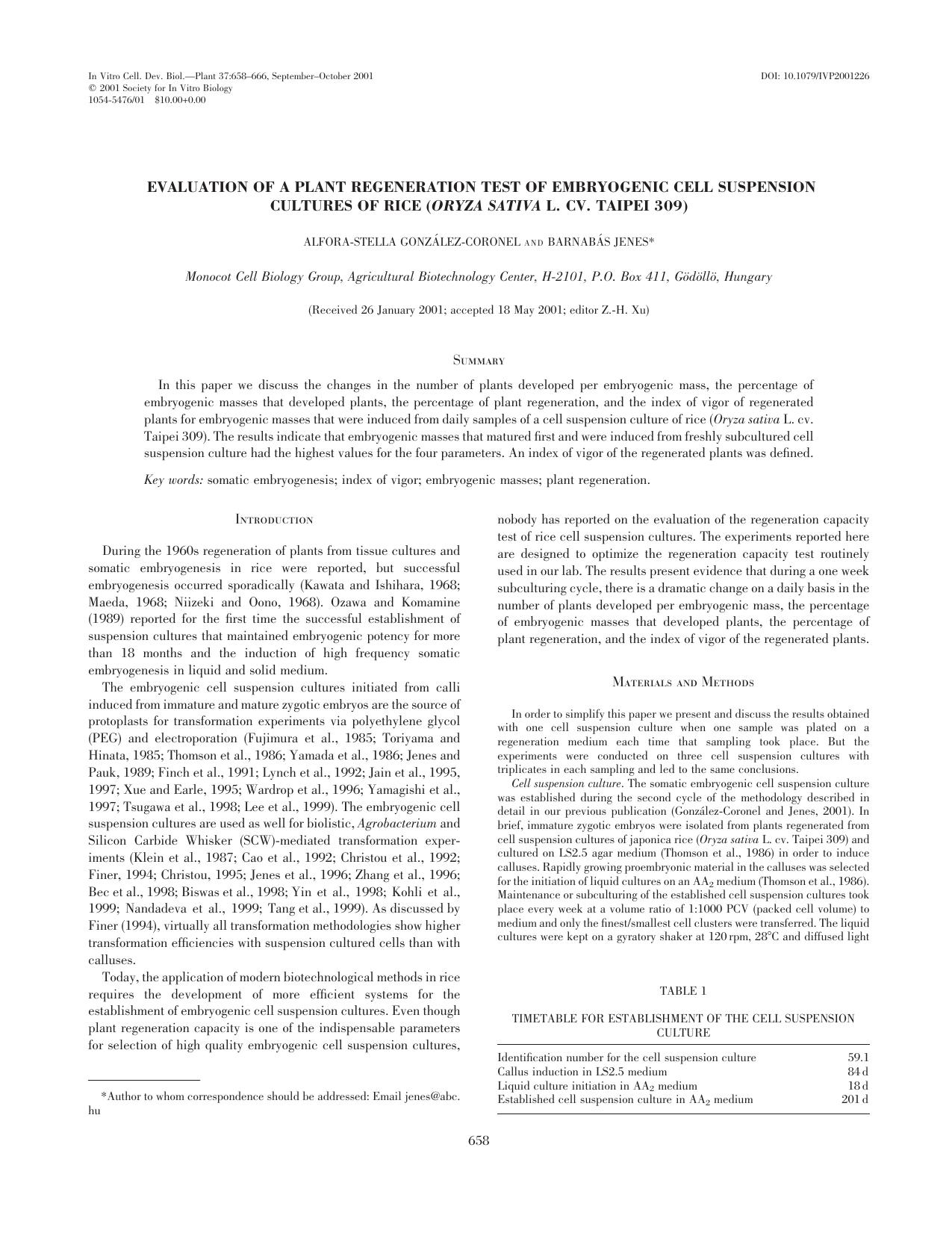 Evaluation of a plant regeneration test of embryogenic cell suspension cultures of rice ( <Emphasis Type="Italic">Oryza sativa <Emphasis> L. cv Taipei 309) by Unknown