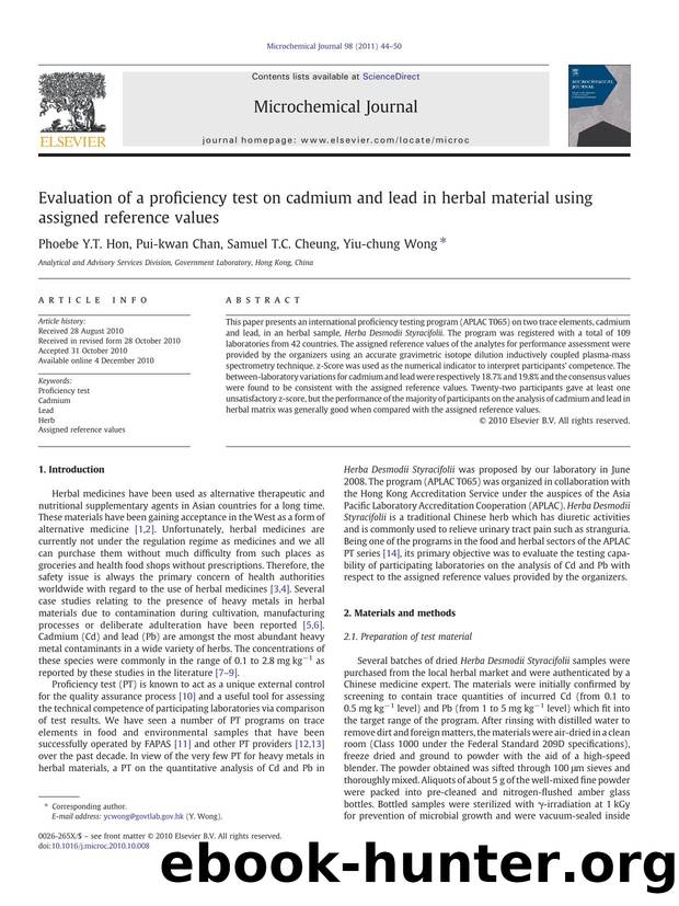 Evaluation of a proficiency test on cadmium and lead in herbal material using assigned reference values by Phoebe Y.T. Hon & Pui-kwan Chan & Samuel T.C. Cheung & Yiu-chung Wong
