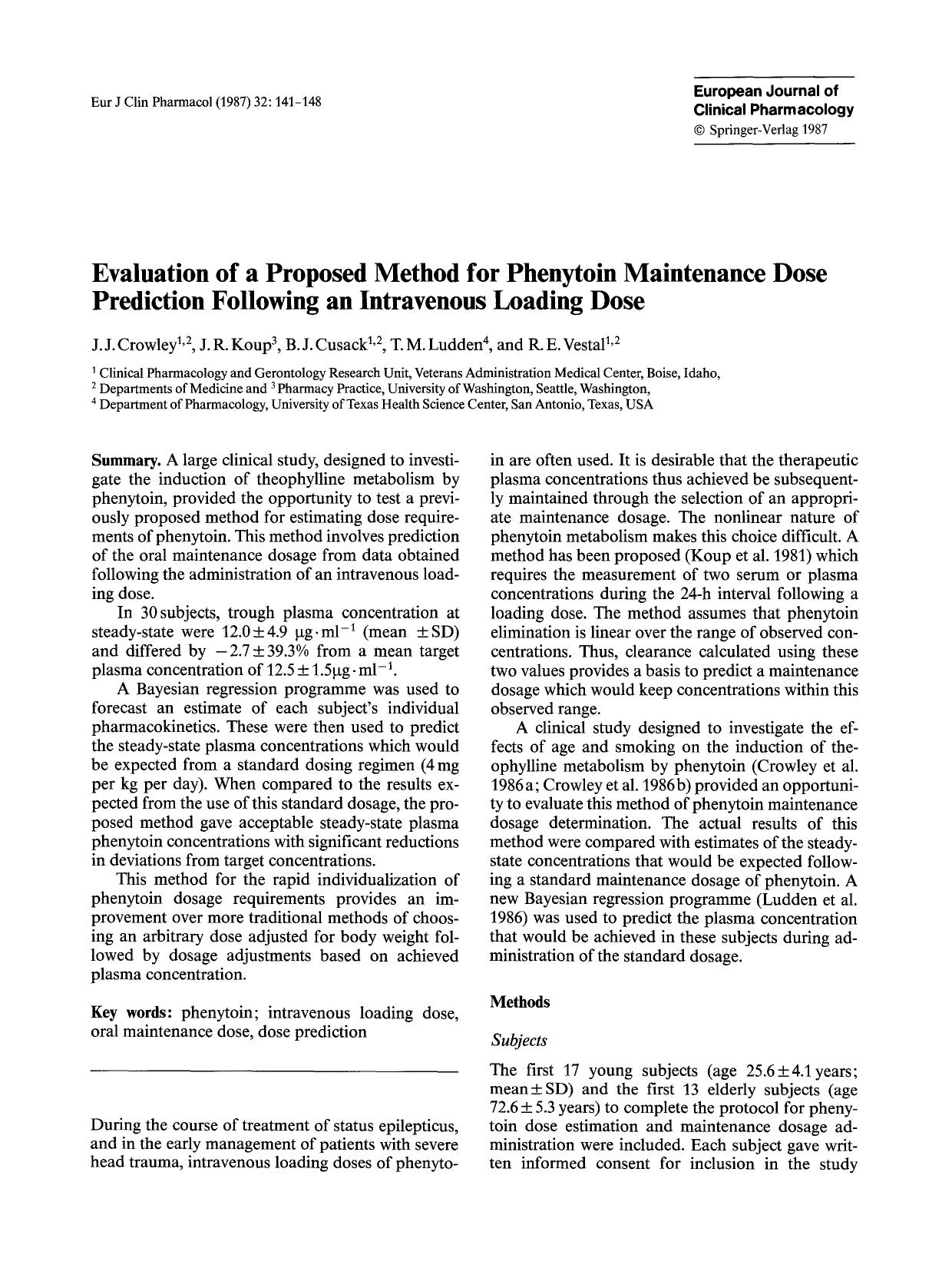 Evaluation of a proposed method for phenytoin maintenance dose prediction following an intravenous loading dose by Unknown