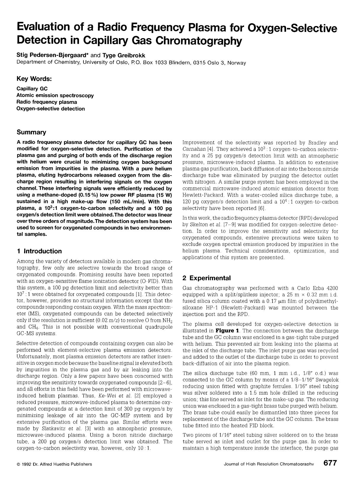 Evaluation of a radio frequency plasma for oxygen-selective detection in capillary gas chromatography by Unknown