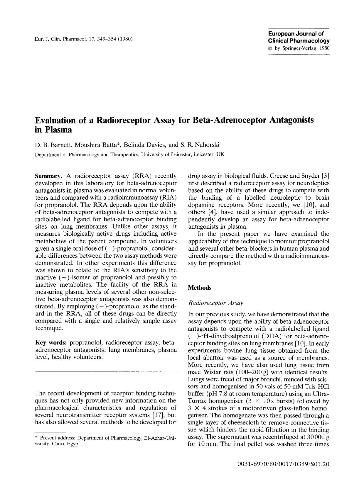 Evaluation of a radioreceptor assay for beta-adrenoceptor antagonists in plasma by Unknown