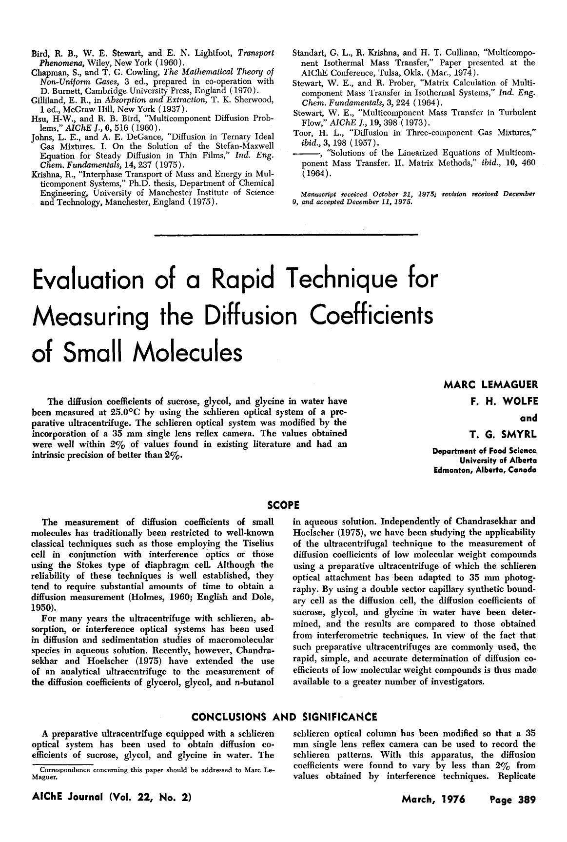 Evaluation of a rapid technique for measuring the diffusion coefficients of small molecules by Unknown