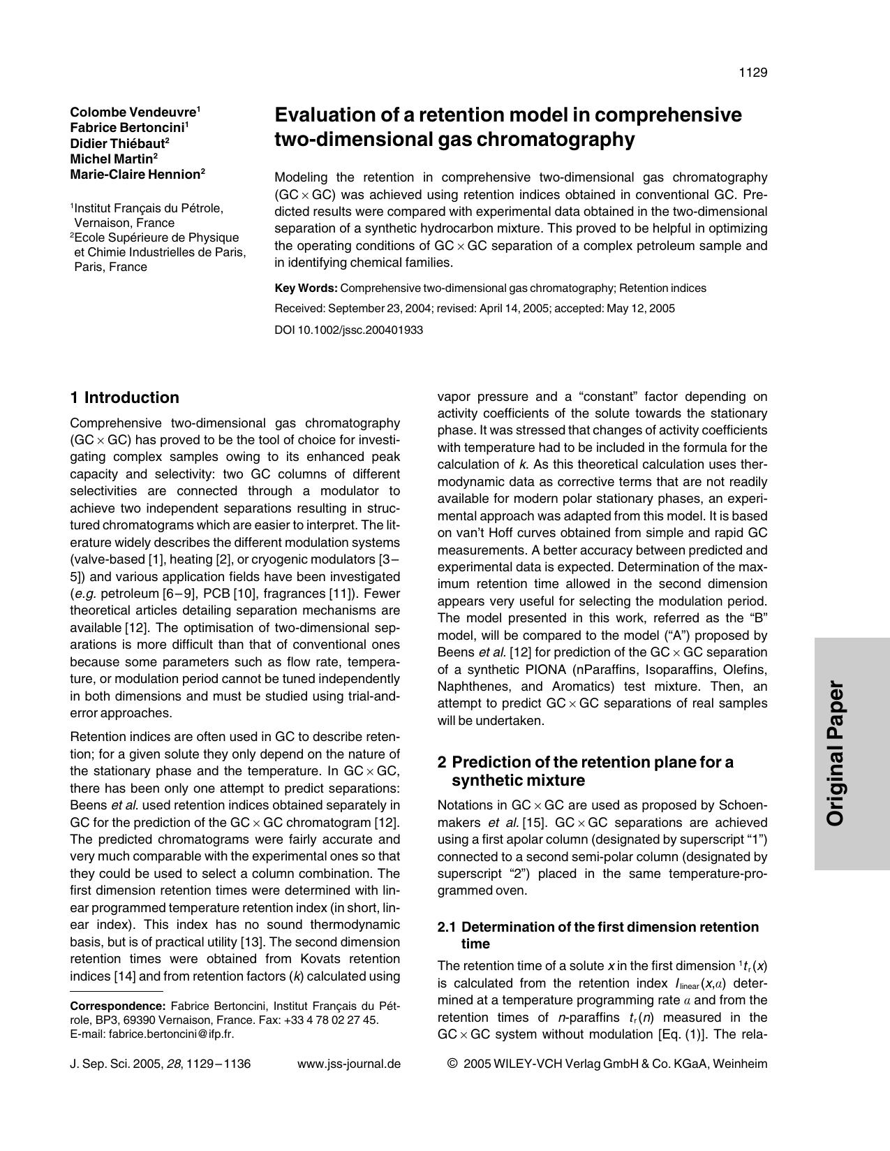 Evaluation of a retention model in comprehensive two-dimensional gas chromatography by Unknown