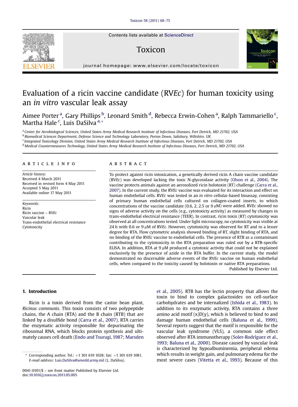 Evaluation of a ricin vaccine candidate (RVEc) for human toxicity using an in&nbsp;vitro vascular leak assay by unknow