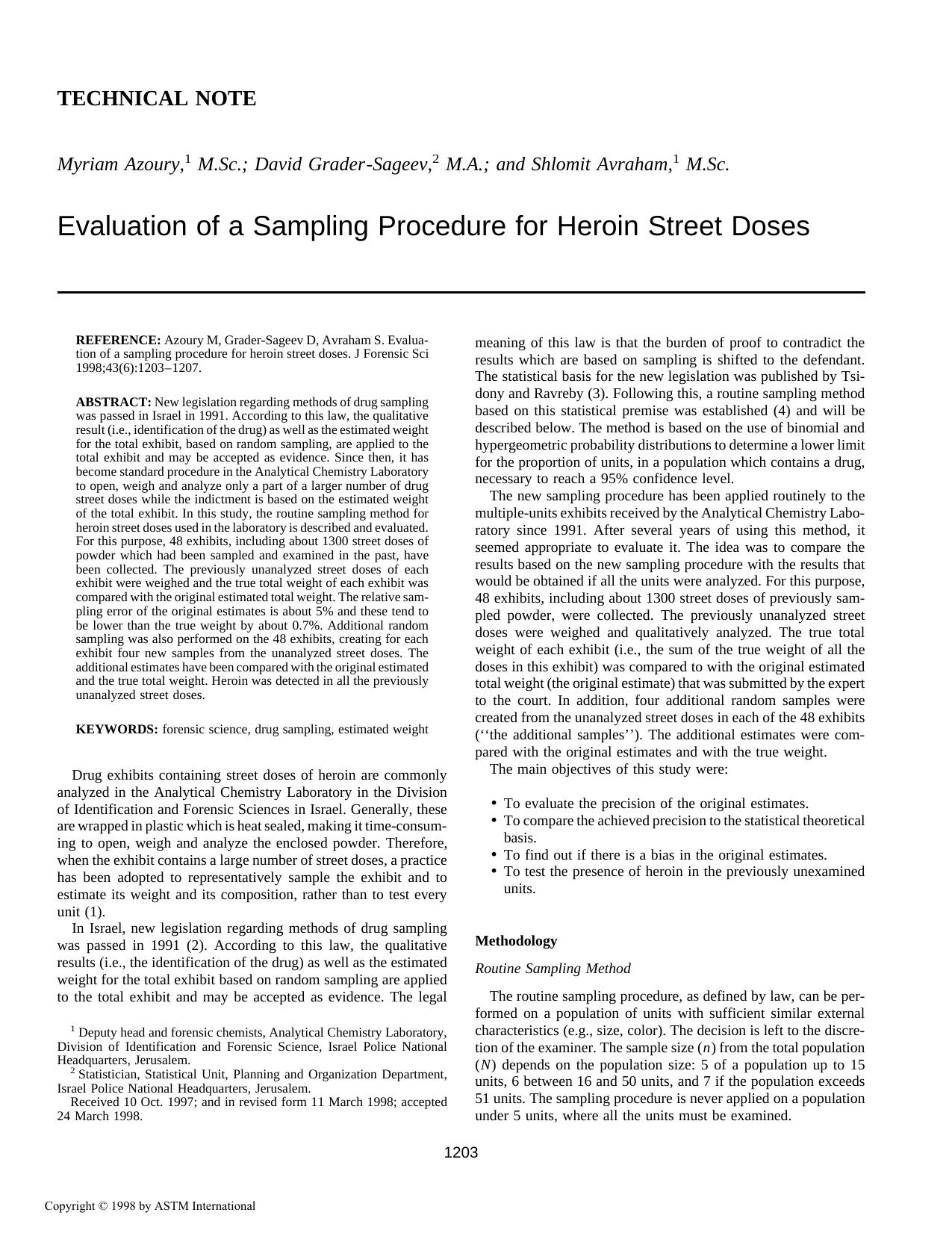 Evaluation of a sampling procedure for heroin street doses by Azoury M Grader-Sageev D Avraham S