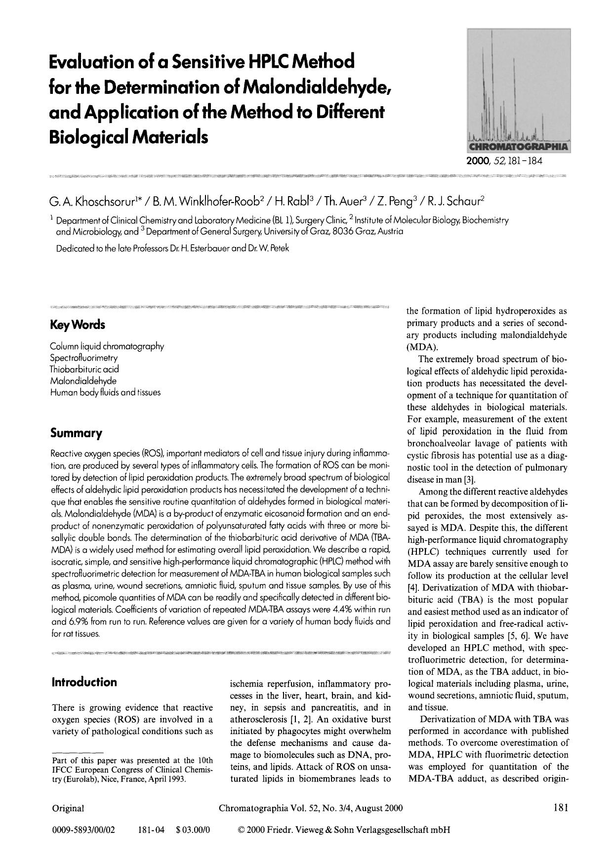 Evaluation of a sensitive HPLC method for the determination of Malondialdehyde, and application of the method to different biological materials by Unknown