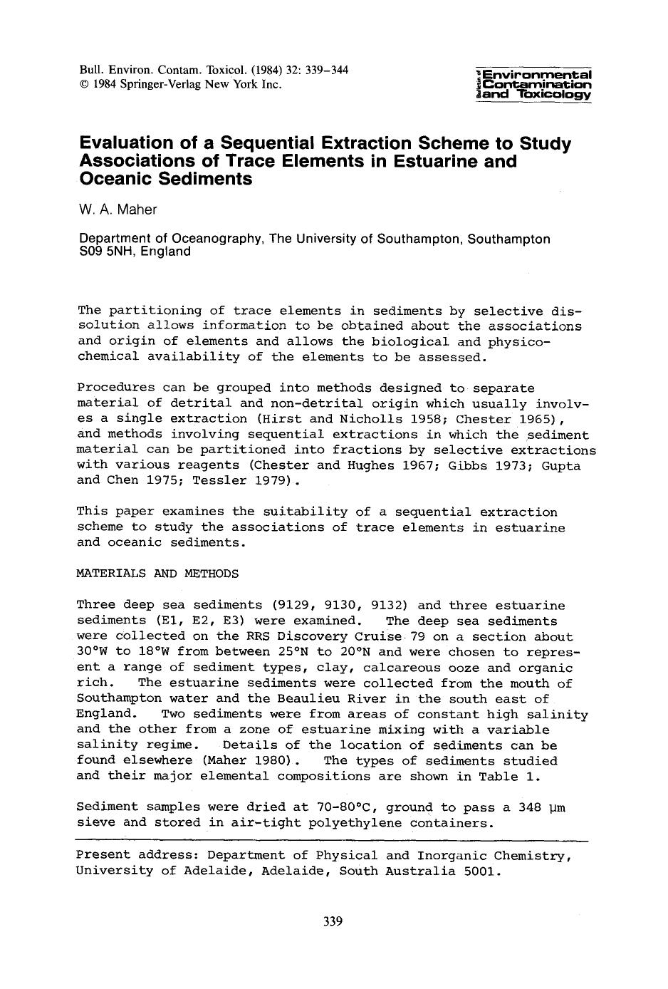 Evaluation of a sequential extraction scheme to study associations of trace elements in estuarine and oceanic sediments by Unknown