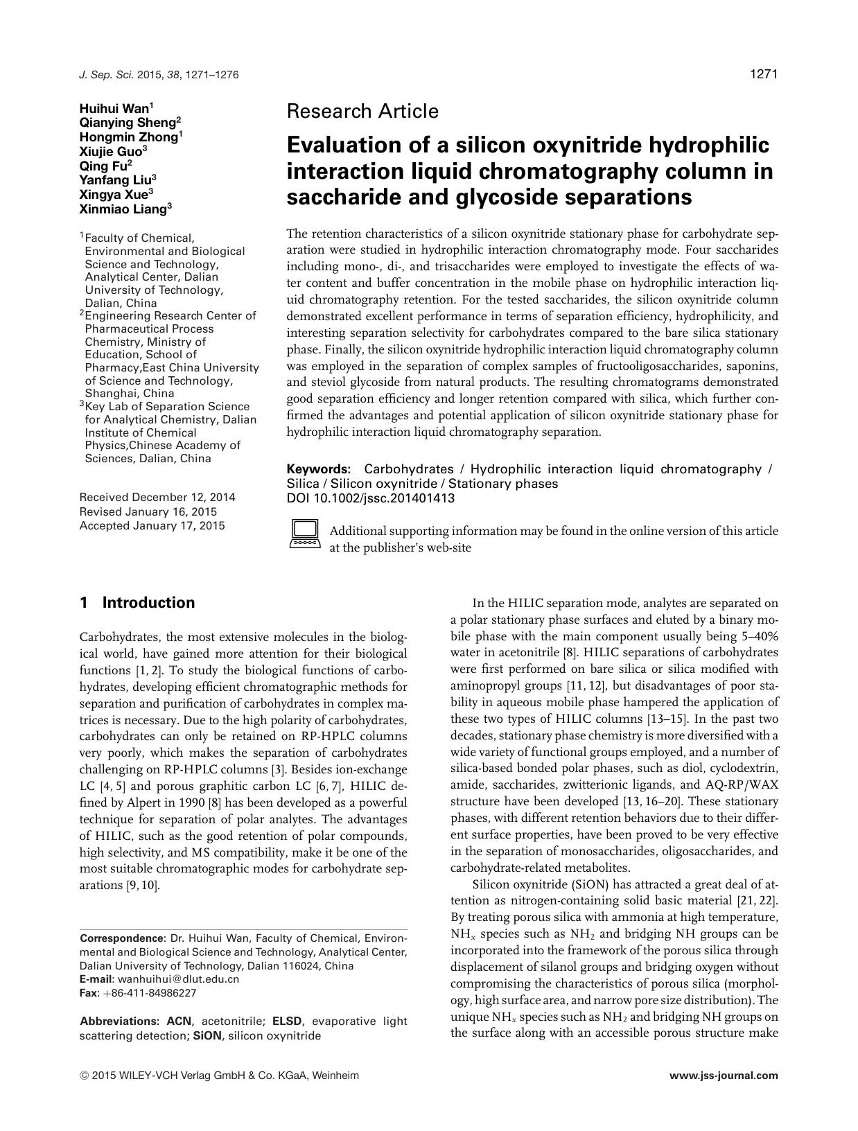 Evaluation of a silicon oxynitride hydrophilic interaction liquid chromatography column in saccharide and glycoside separations by Unknown
