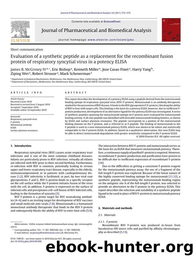 Evaluation of a synthetic peptide as a replacement for the recombinant fusion protein of respiratory syncytial virus in a potency ELISA by James B. McGivney IV