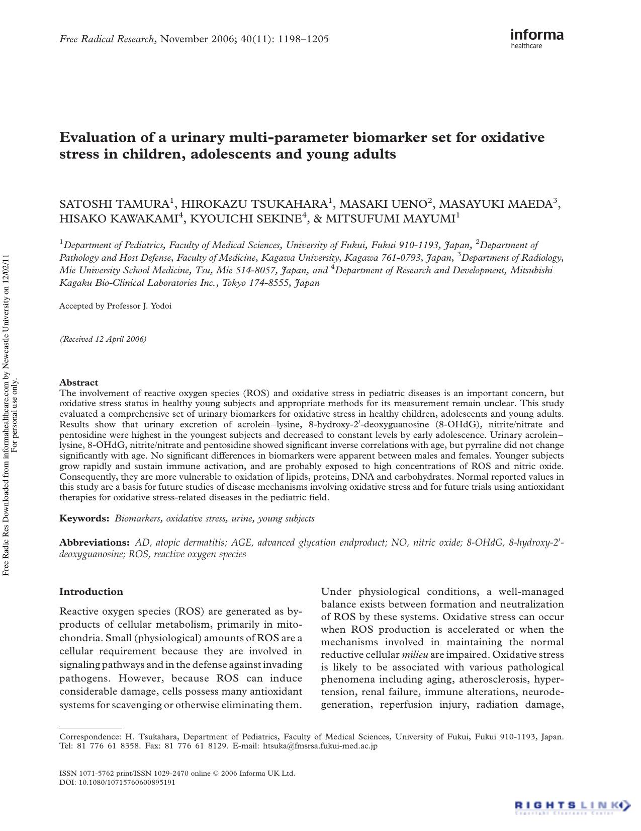 Evaluation of a urinary multi-parameter biomarker set for oxidative stress in children, adolescents and young adults by unknow