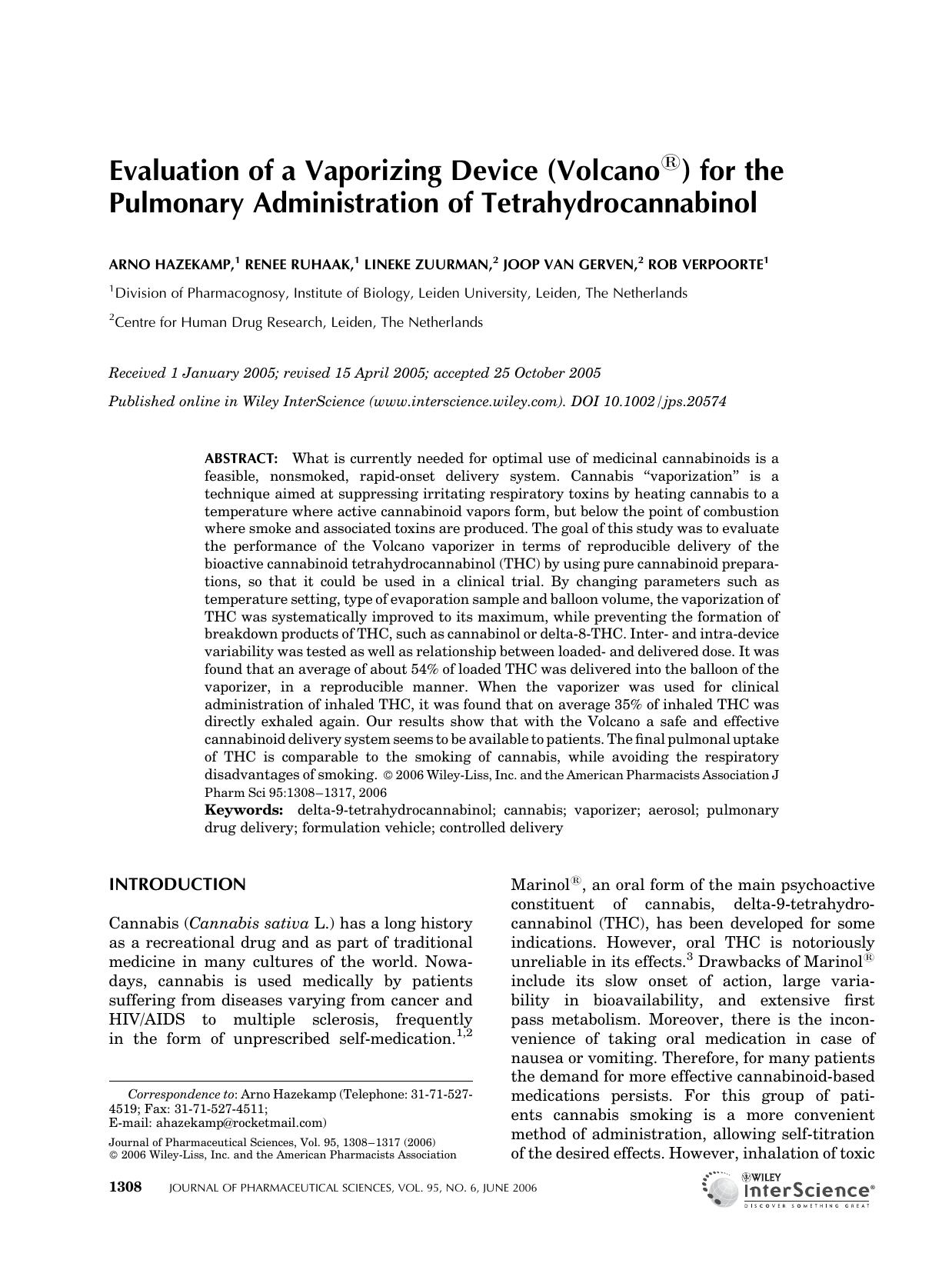 Evaluation of a vaporizing device (VolcanoÂ®) for the pulmonary administration of tetrahydrocannabinol by Unknown