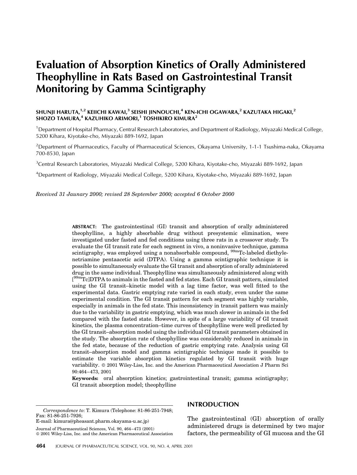 Evaluation of absorption kinetics of orally administered theophylline in rats based on gastrointestinal transit monitoring by gamma scintigraphy by Unknown