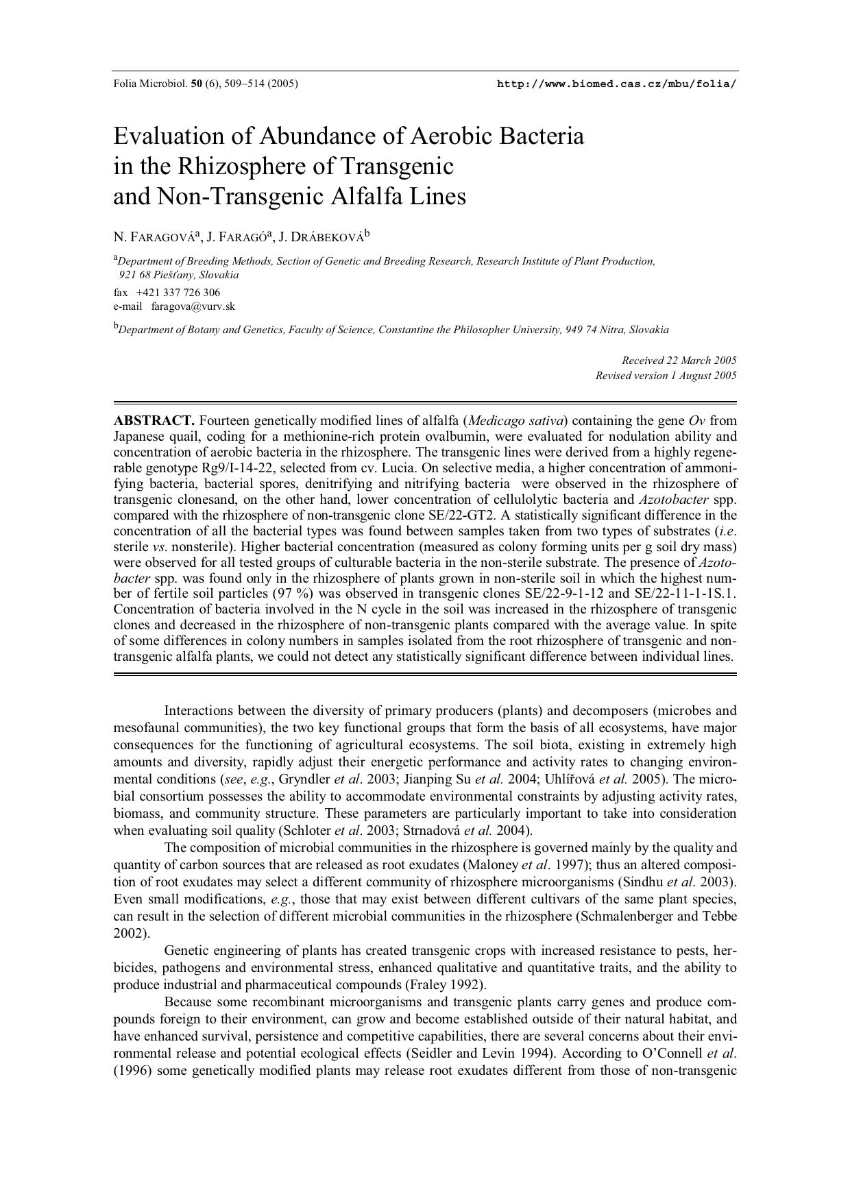 Evaluation of abundance of aerobic bacteria in the rhizosphere of transgenic and non-transgenic alfalfa lines by Unknown